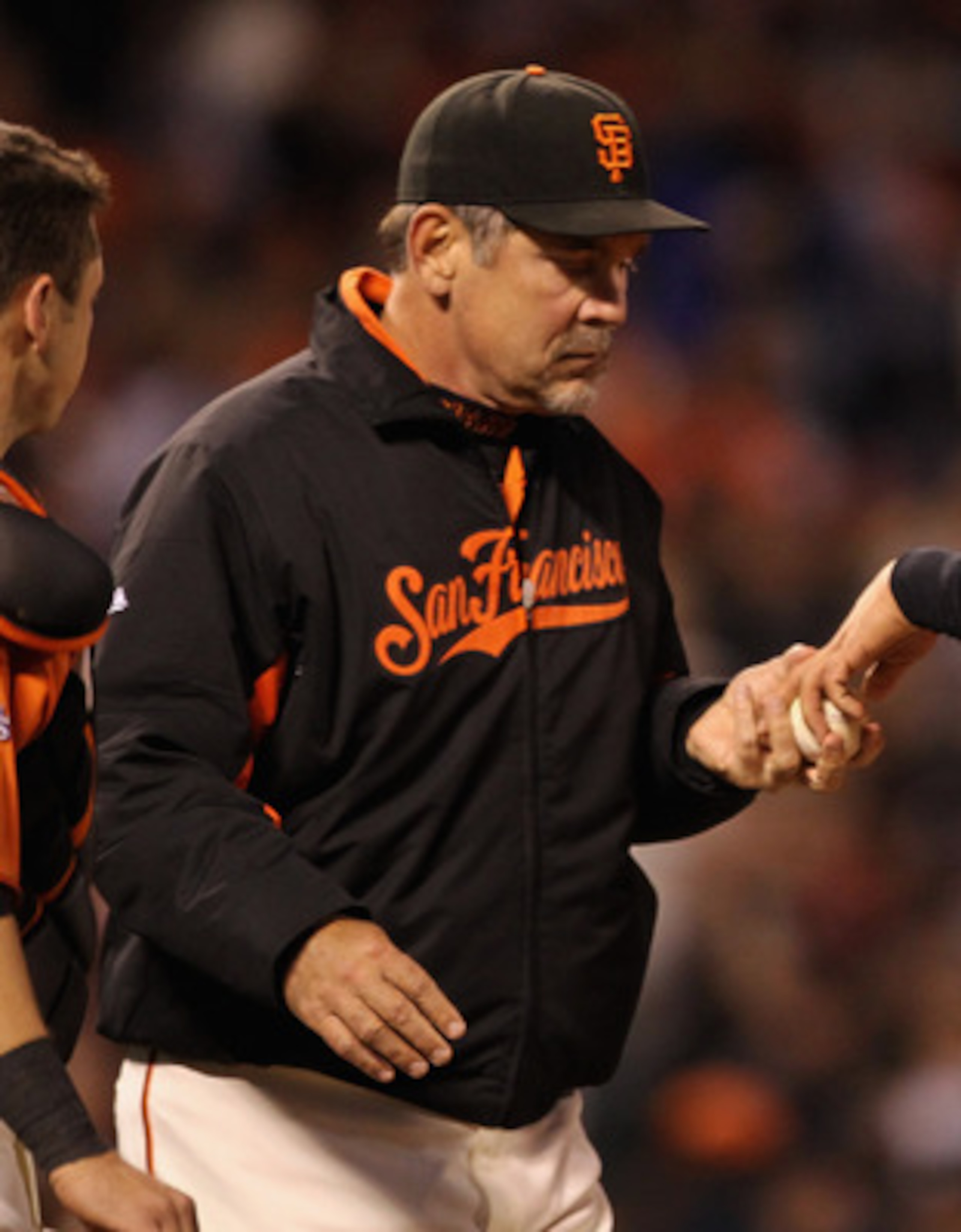 SAN FRANCISCO, CA - APRIL 22: Manager Bruce Bochy takes Madison Bumgarner #40 of the San Francisco Giants out of the game after he gave up four runs to the Atlanta Braves in the third inning at AT&T Park on April 22, 2011 in San Francisco, California.  (P