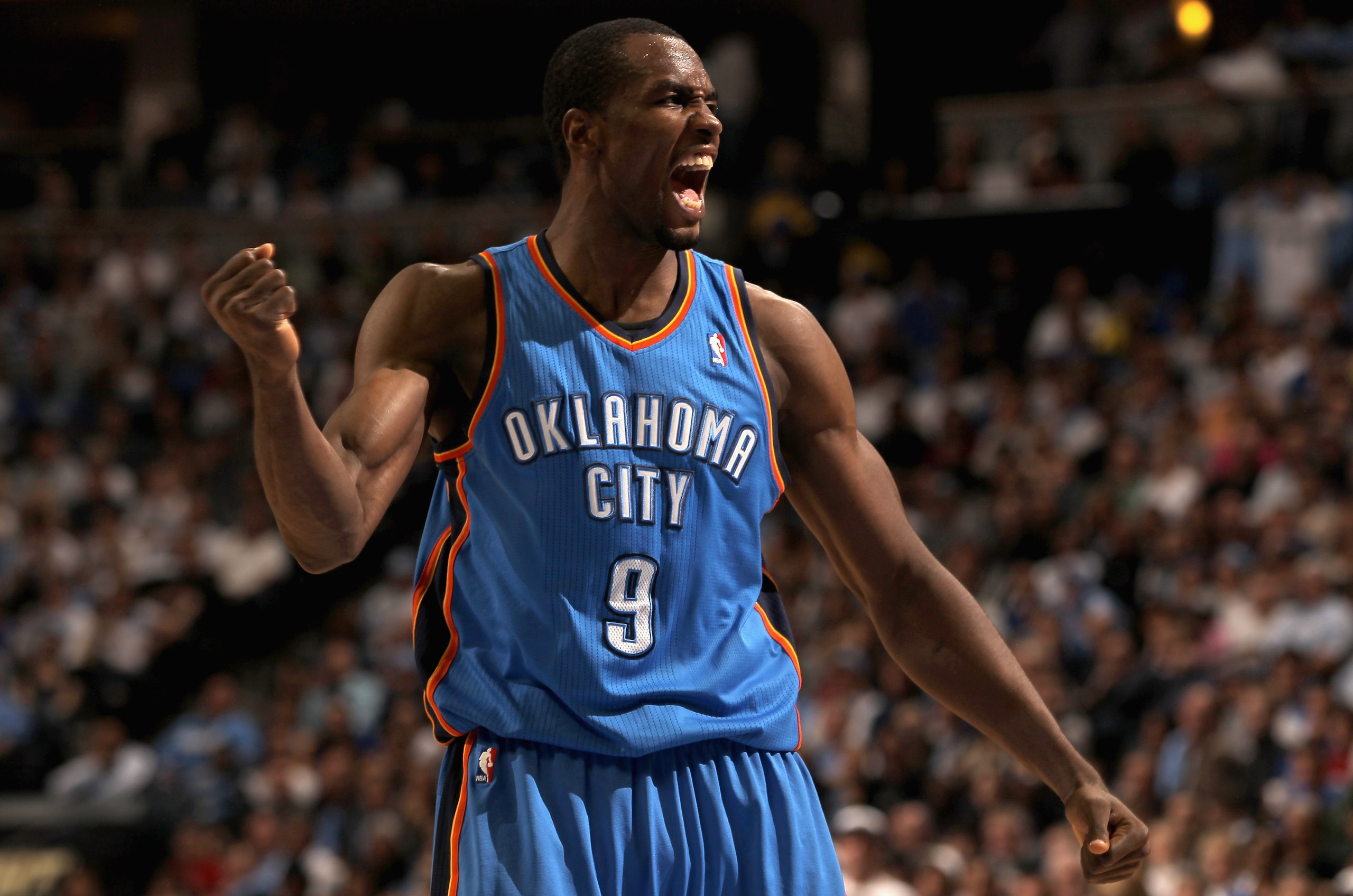 DENVER, CO - APRIL 23:  Serge Ibaka #9 of the Oklahoma City Thunder celebrates after being fouled against the Denver Nuggets in Game Three of the Western Conference Quarterfinals in the 2011 NBA Playoffs on April 23, 2011 at the Pepsi Center in Denver, Co