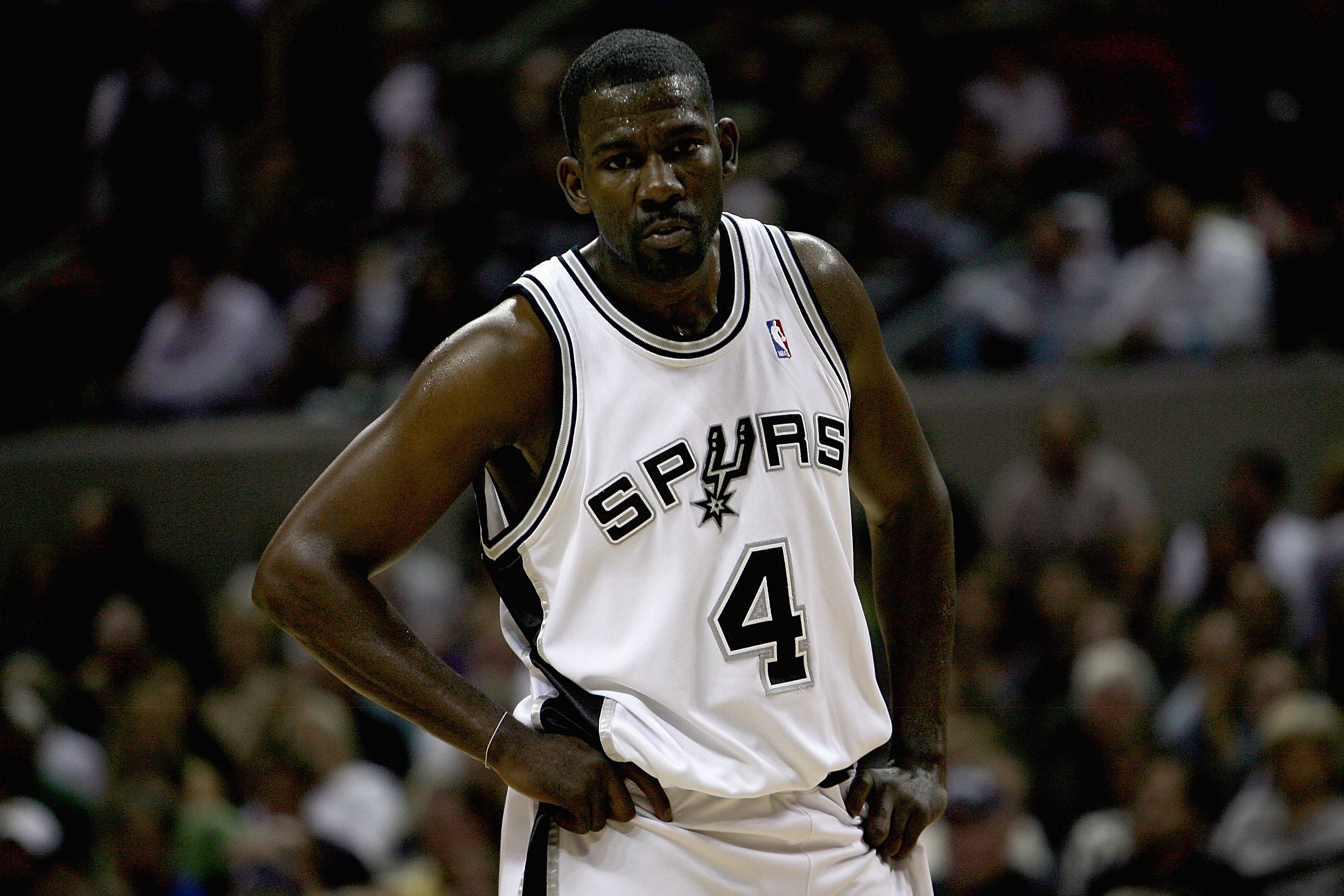 SAN ANTONIO - APRIL 22:  Michael Finley #4 of the San Antonio Spurs looks down in Game Two of the Western Conference Quarterfinals against the Phoenix Suns during the 2008 NBA Playoffs at the AT&T Center on April 22, 2008 in San Antonio, Texas.  The Spurs