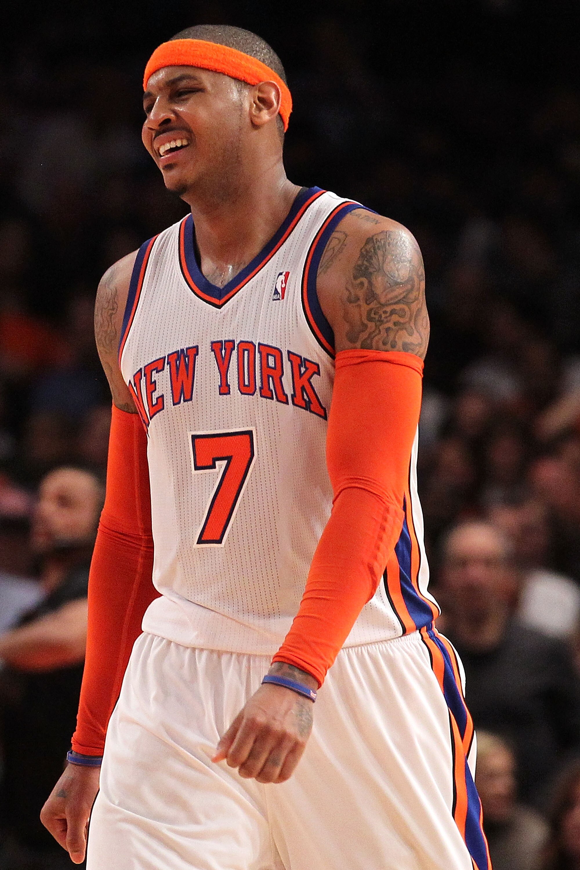 NEW YORK, NY - APRIL 22:  Carmelo Anthony #7 of the New York Knicks reacts against the Boston Celtics in Game Three of the Eastern Conference Quarterfinals in the 2011 NBA Playoffs on April 22, 2011 at Madison Square Garden in New York City.  NOTE TO USER