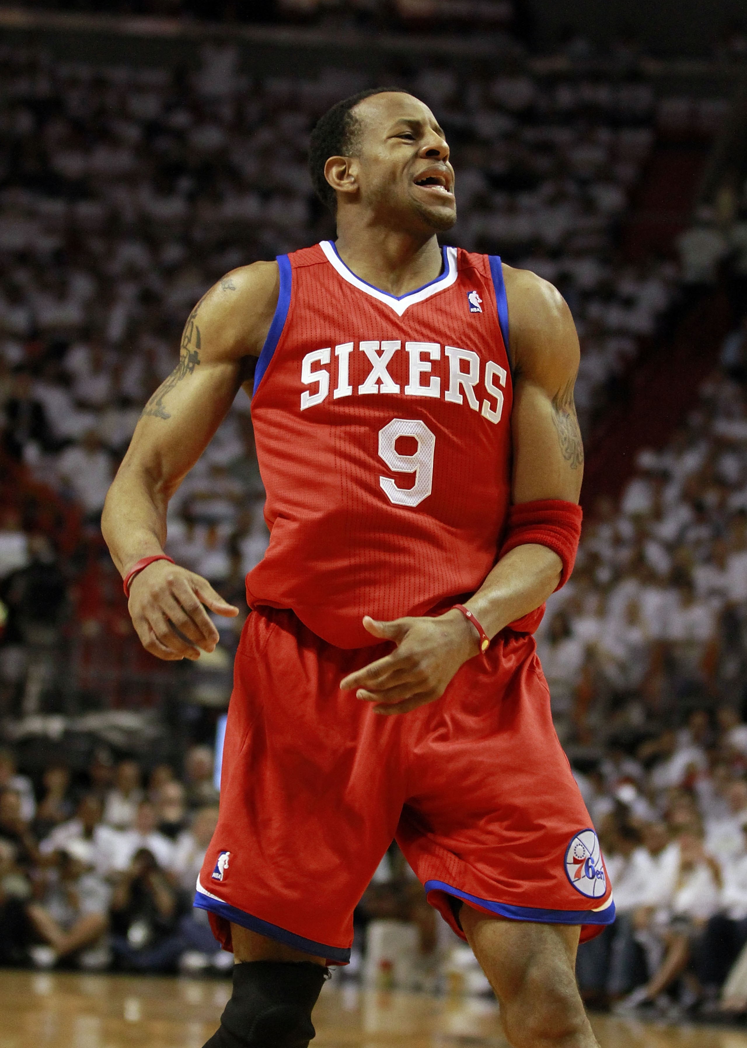 MIAMI, FL - APRIL 16:  Andre Iguodala #9 of the Philadelphia 76ers  against the Maim Heat at the American Airlines Arena in Game One of the Eastern Conference Quarterfinals in the 2011 NBA Playoffs on April 16, 2011 in Miami, Florida.The Heat defeated the