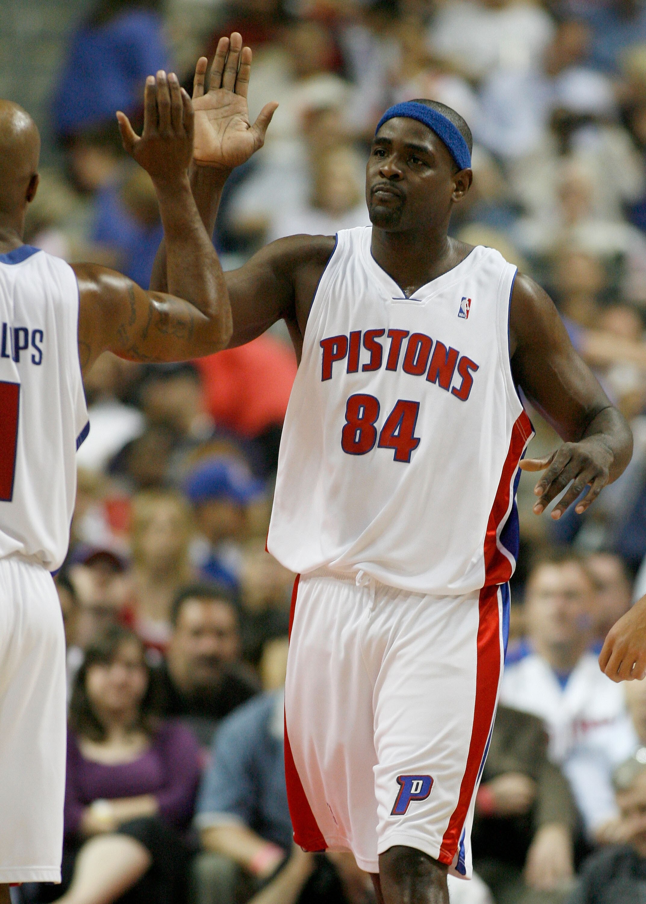 AUBURN HILLS, MI - MAY 05:  Chris Webber #84 of the Detroit Pistons high fives Chauncey Billups #1 while playing the Chicago Bulls in Game One of the Eastern Conference Semifinals during the 2007 NBA Playoffs at the Palace of Auburn Hills on May 5, 2007 i