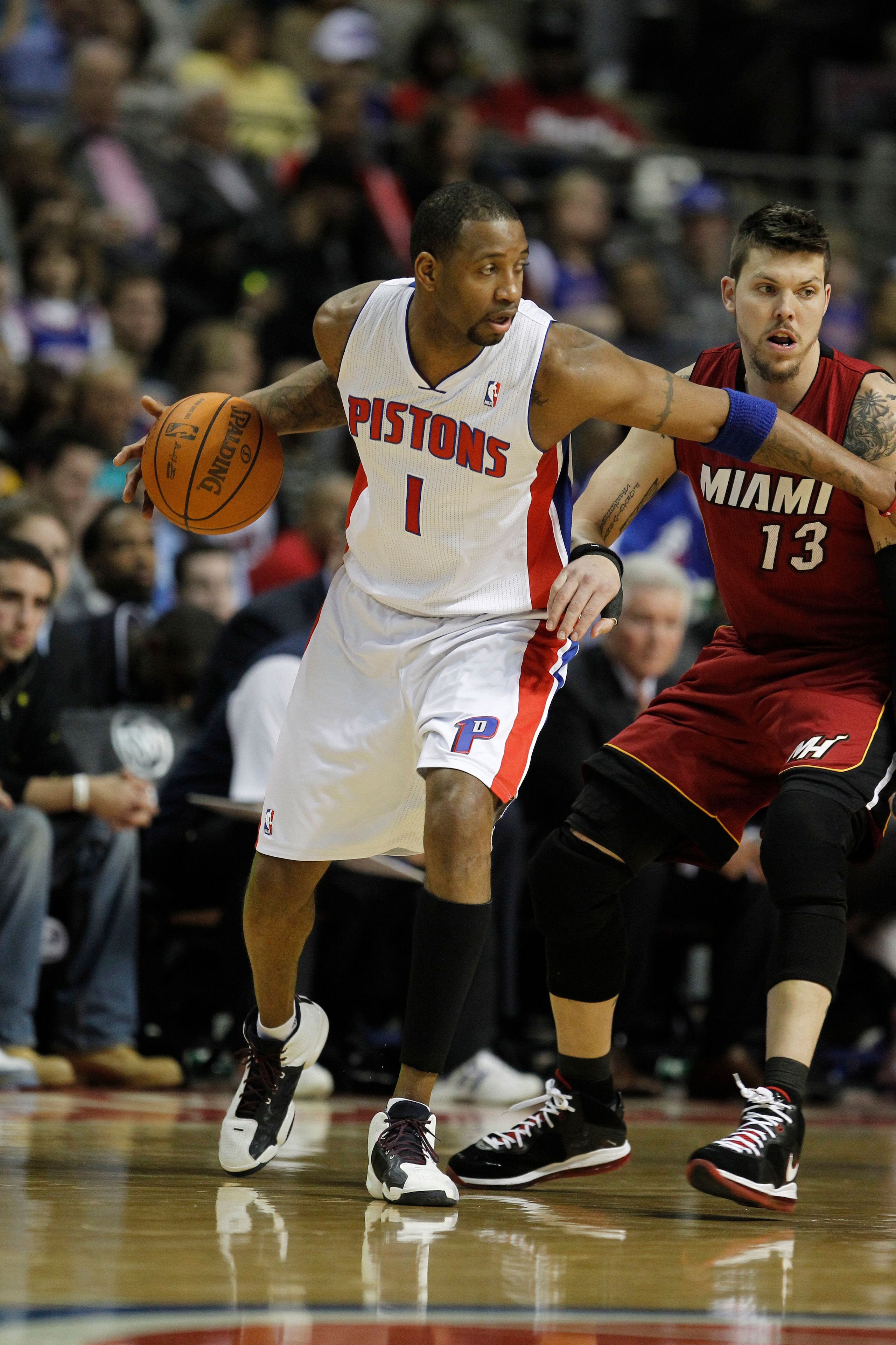 AUBURN HILLS, MI - FEBRUARY 11:  Tracy McGrady #1 of the Detroit Pistons controls the ball while playing the Miami Heat at The Palace of Auburn Hills on February 11, 2011 in Auburn Hills, Michigan.  (Photo by Gregory Shamus/Getty Images)
