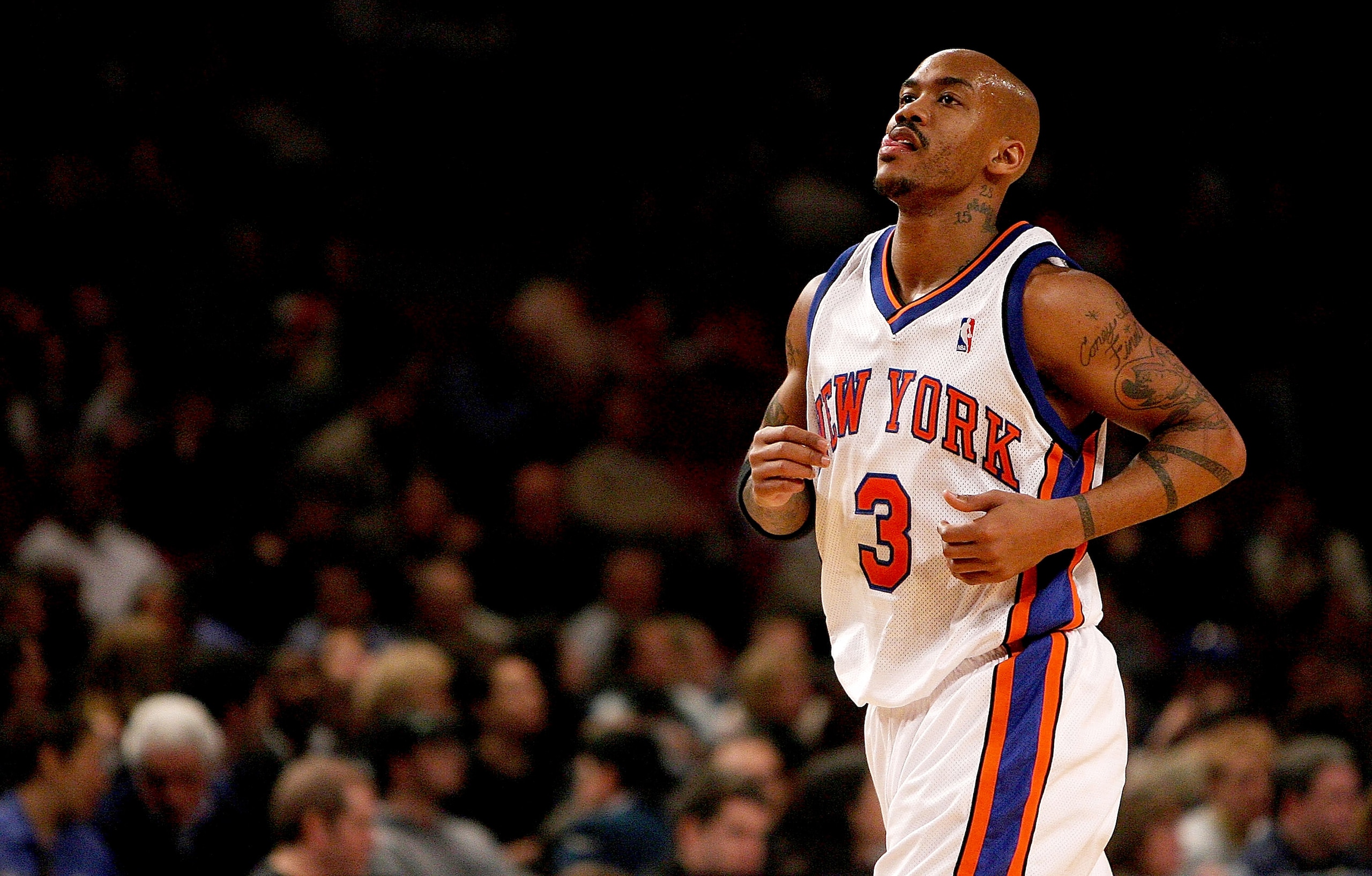 NEW YORK - JANUARY 11:  Stephon Marbury #3 of the New York Knicks leaves the court against the Toronto Raptors on January 11, 2008 at Madison Square Garden in New York City. NOTE TO USER: User expressly acknowledges and agrees that, by downloading and/or