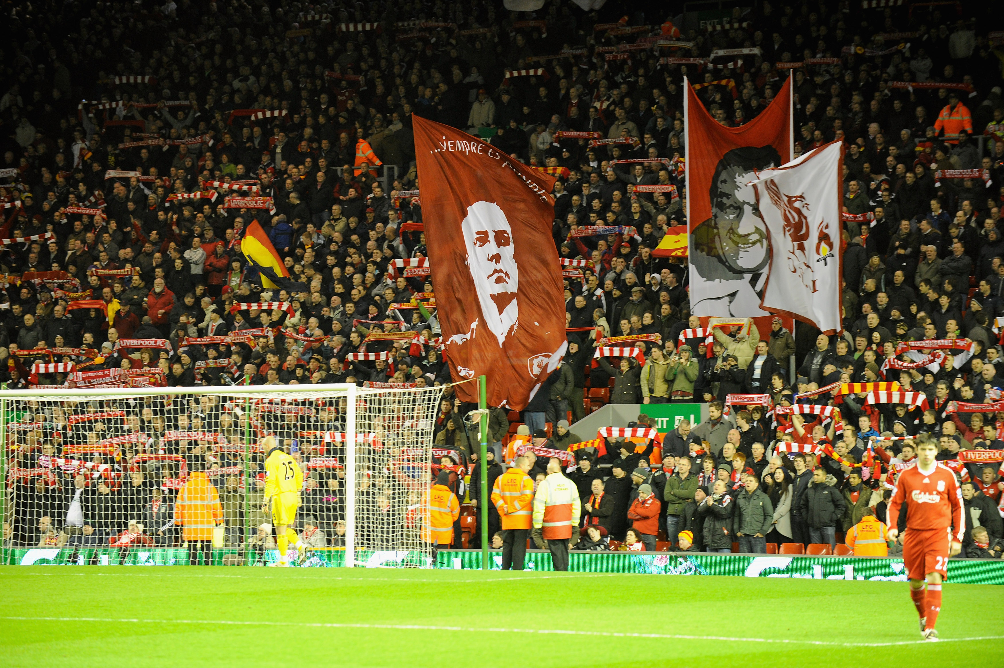 LIVERPOOL, ENGLAND - JANUARY 20:  Liverpool fans on their Kop display flags of Rafael Benitez and Bob Paisley during the Barclays Premier League match between Liverpool and Tottenham Hotspur at Anfield on January 20, 2010 in Liverpool, England.  (Photo by
