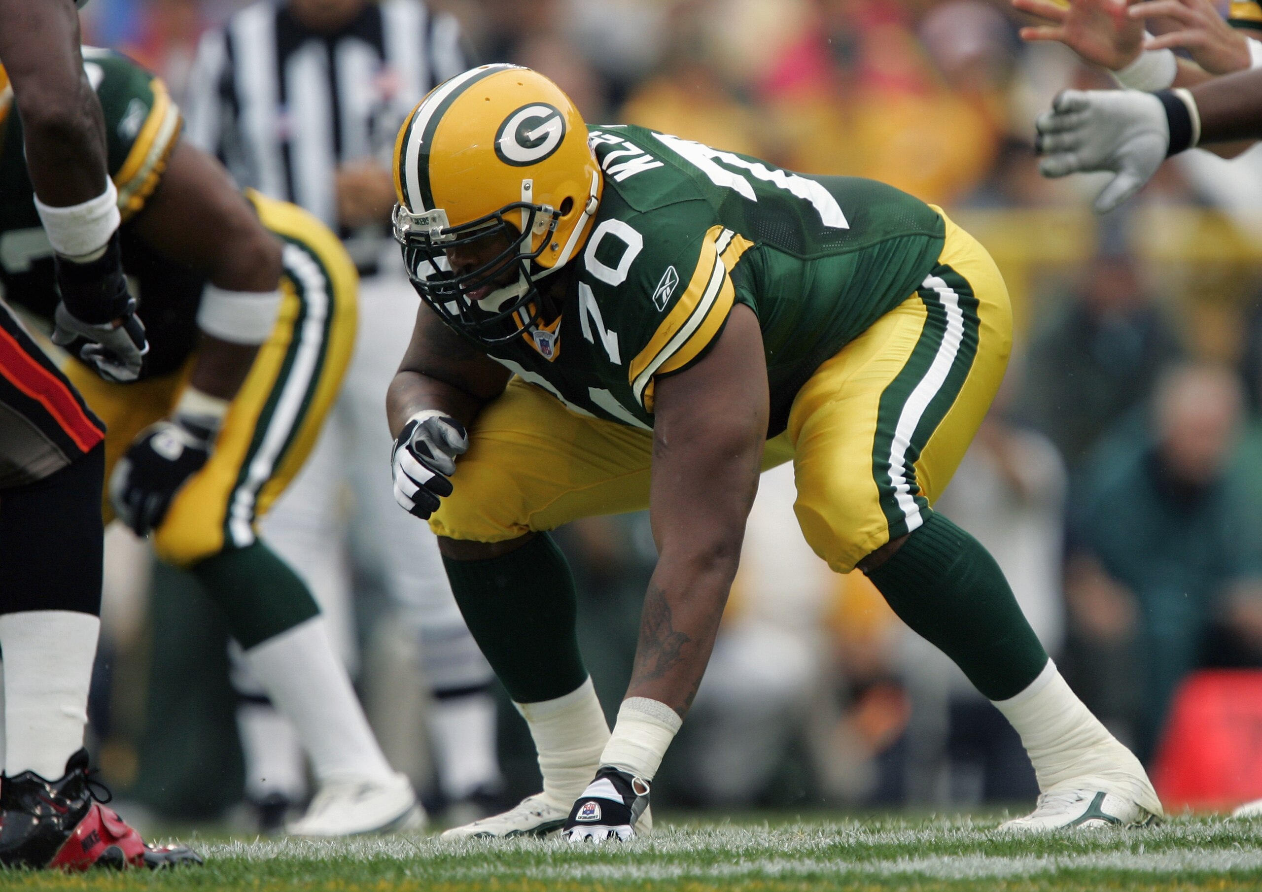 GREEN BAY, WI - SEPTEMBER 25:  Adrian Klemm #70 of the Green Bay Packers lines up during the game with the Tampa Bay Buccaneers on September 25, 2005 at Lambeau Field in Green Bay, Wisconsin.  The Bucs won 17-16.  (Photo by Brian Bahr/Getty Images)