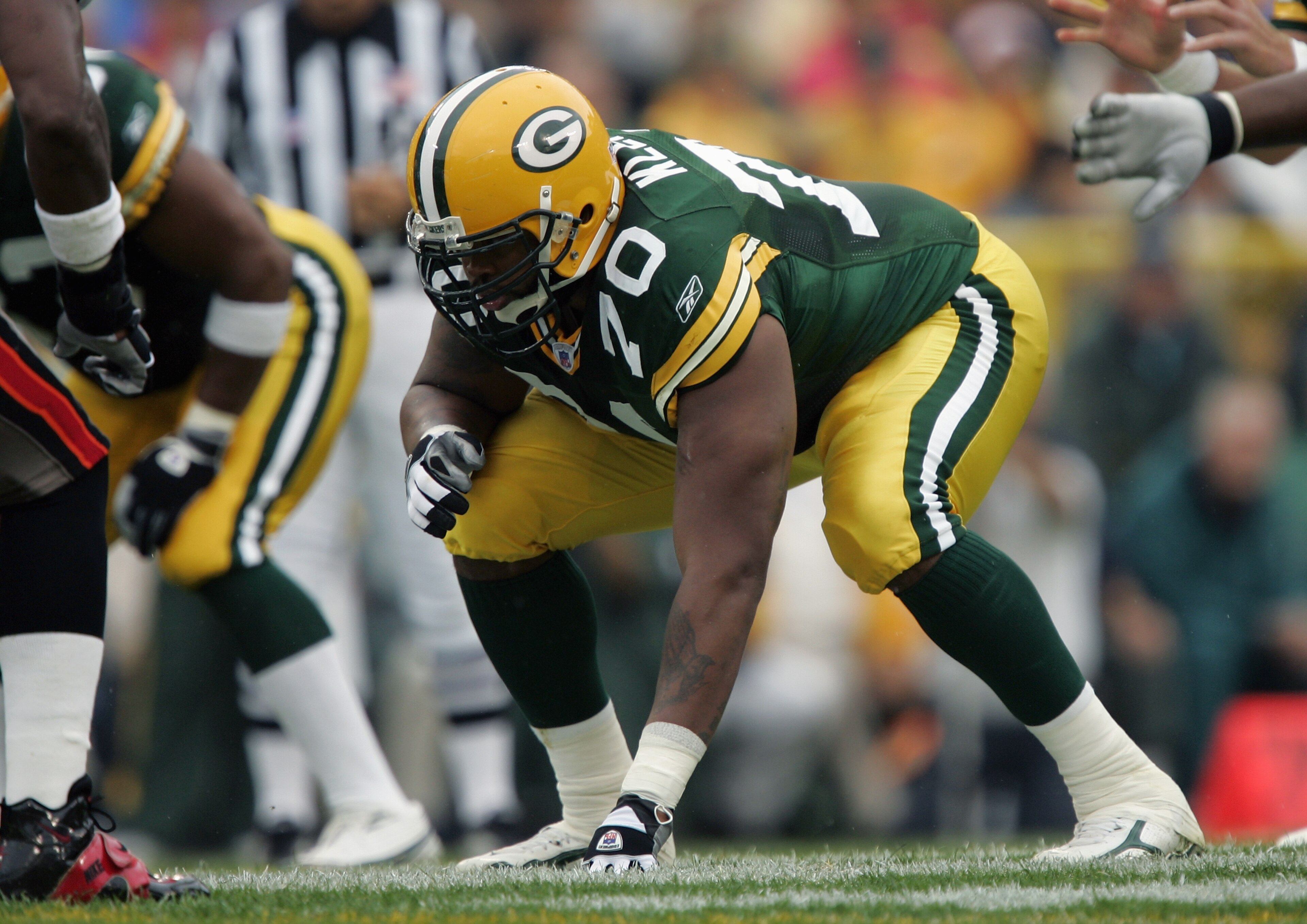 GREEN BAY, WI - SEPTEMBER 25:  Adrian Klemm #70 of the Green Bay Packers lines up during the game with the Tampa Bay Buccaneers on September 25, 2005 at Lambeau Field in Green Bay, Wisconsin.  The Bucs won 17-16.  (Photo by Brian Bahr/Getty Images)