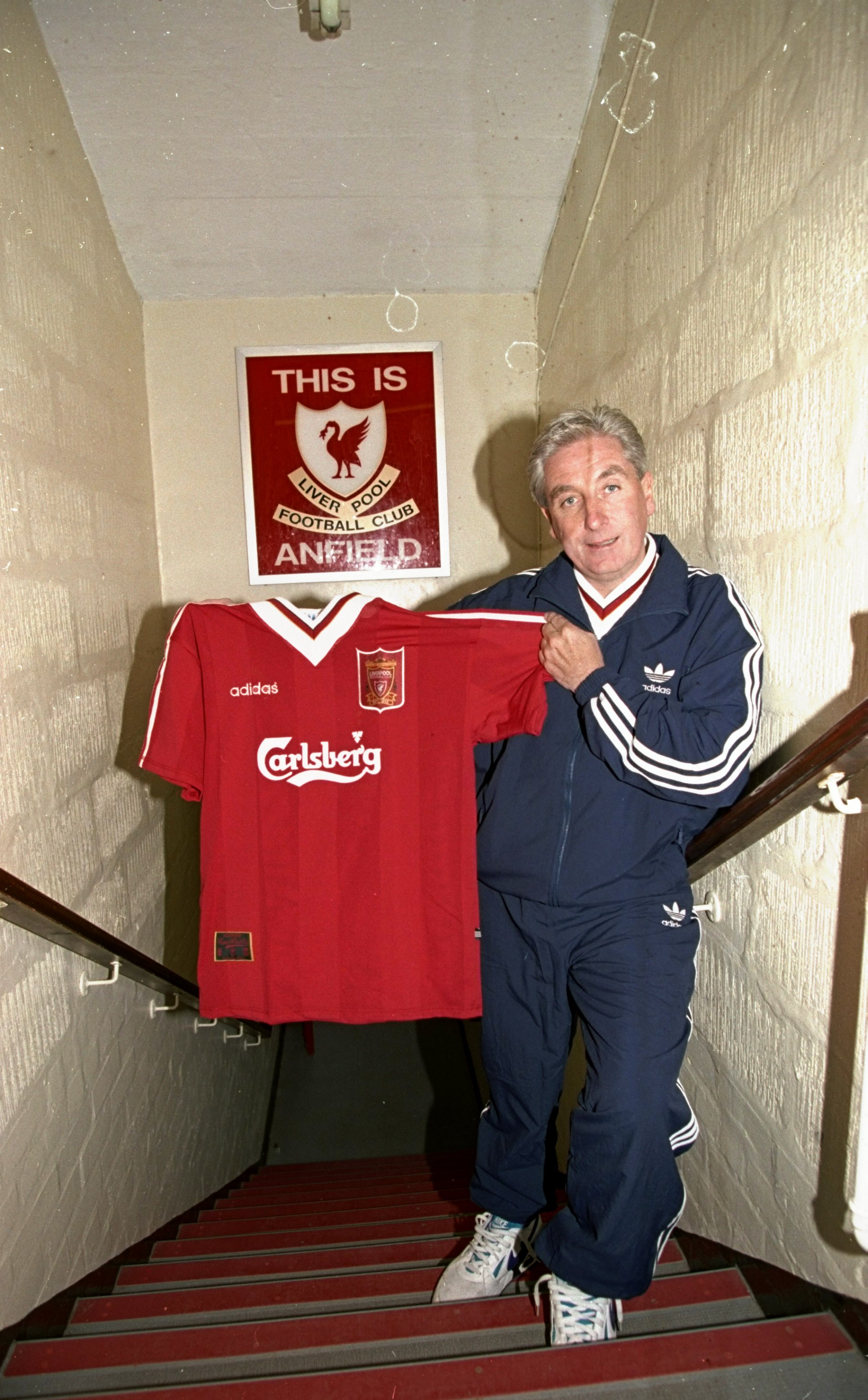 1994:  Liverpool Manager Roy Evans shows off the new team strip at Anfield in Liverpool, England. \ Mandatory Credit: Allsport UK /Allsport