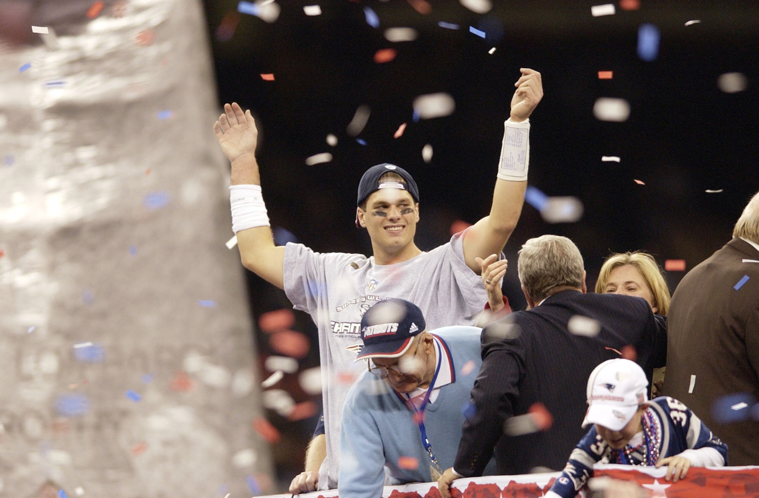 03 Feb 2002:   Quarterback Tom Brady celebrates after Superbowl XXXVI at the Superdome in New Orleans, Louisiana.  The Patriots won 20-17, with a 48-yard field goal by kicker Adam Vinatieri with 10 seconds left in the game . DIGITAL IMAGE. Mandatory Credi