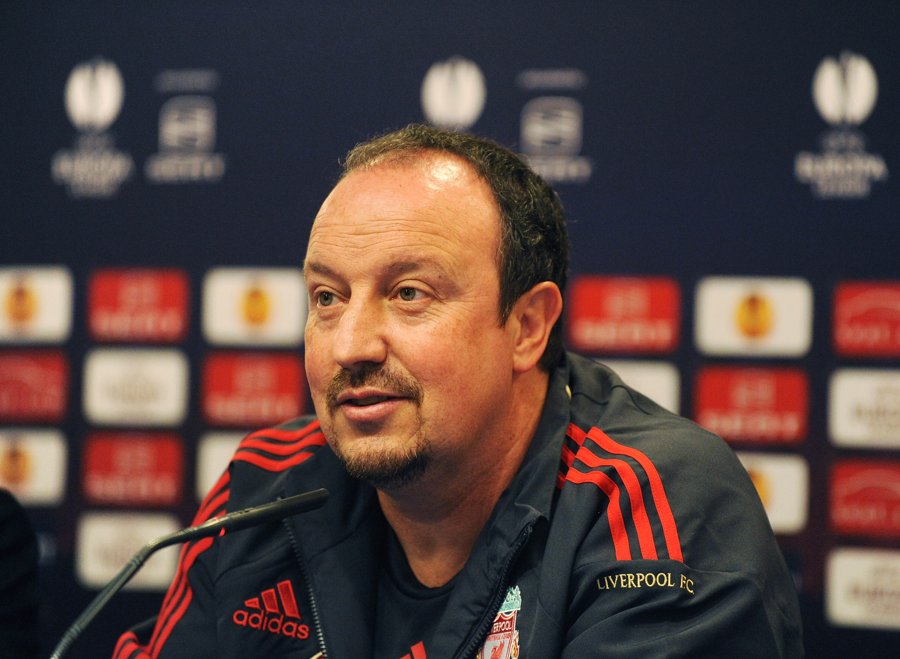 MADRID, SPAIN - APRIL 21:  Liverpool manager Rafa Benitez answers a question during the team press conference at the Vicente Calderon stadium on April 21, 2010 in Madrid, Spain. Liverpool play Atletico Madrid April 22 in the UEFA Europa League semi-finals