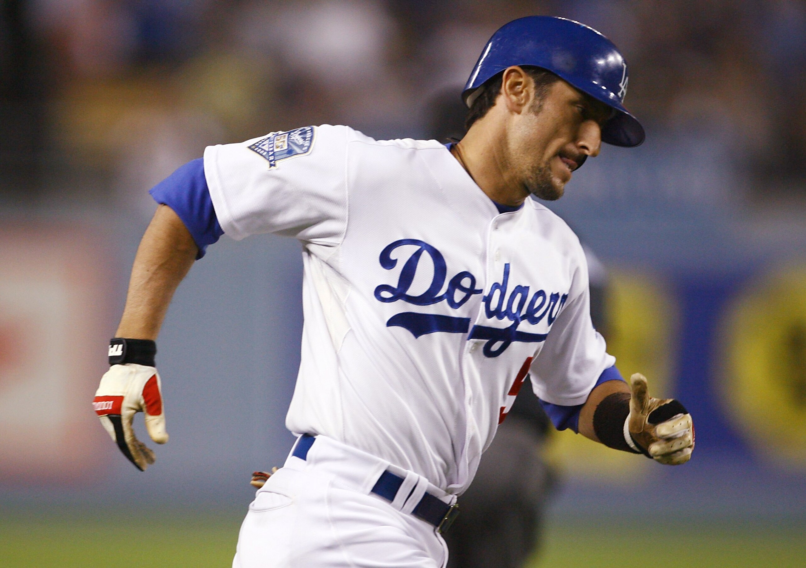 LOS ANGELES, CA - SEPTEMBER 23:  Nomar Garciaparra #5 of the Los Angeles Dodgers runs the bases after hitting a three-run home run in the first inning against the San Diego Padres  at Dodger Stadium September 23, 2008 in Los Angeles, California. (Jeff Gro