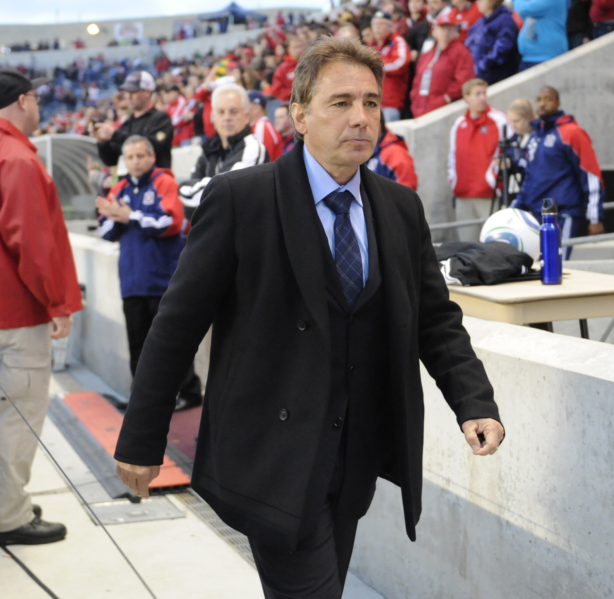 BRIDGEVIEW, IL - APRIL 23: Head coach Carlos de los Cobos of the Chicago Fire is shown before the start of an MLS match against the Houston Dynamo on April 23, 2011 at Toyota Park in Bridgeview, Illinois. The game ended in a 1-1 draw. (Photo by David Ba