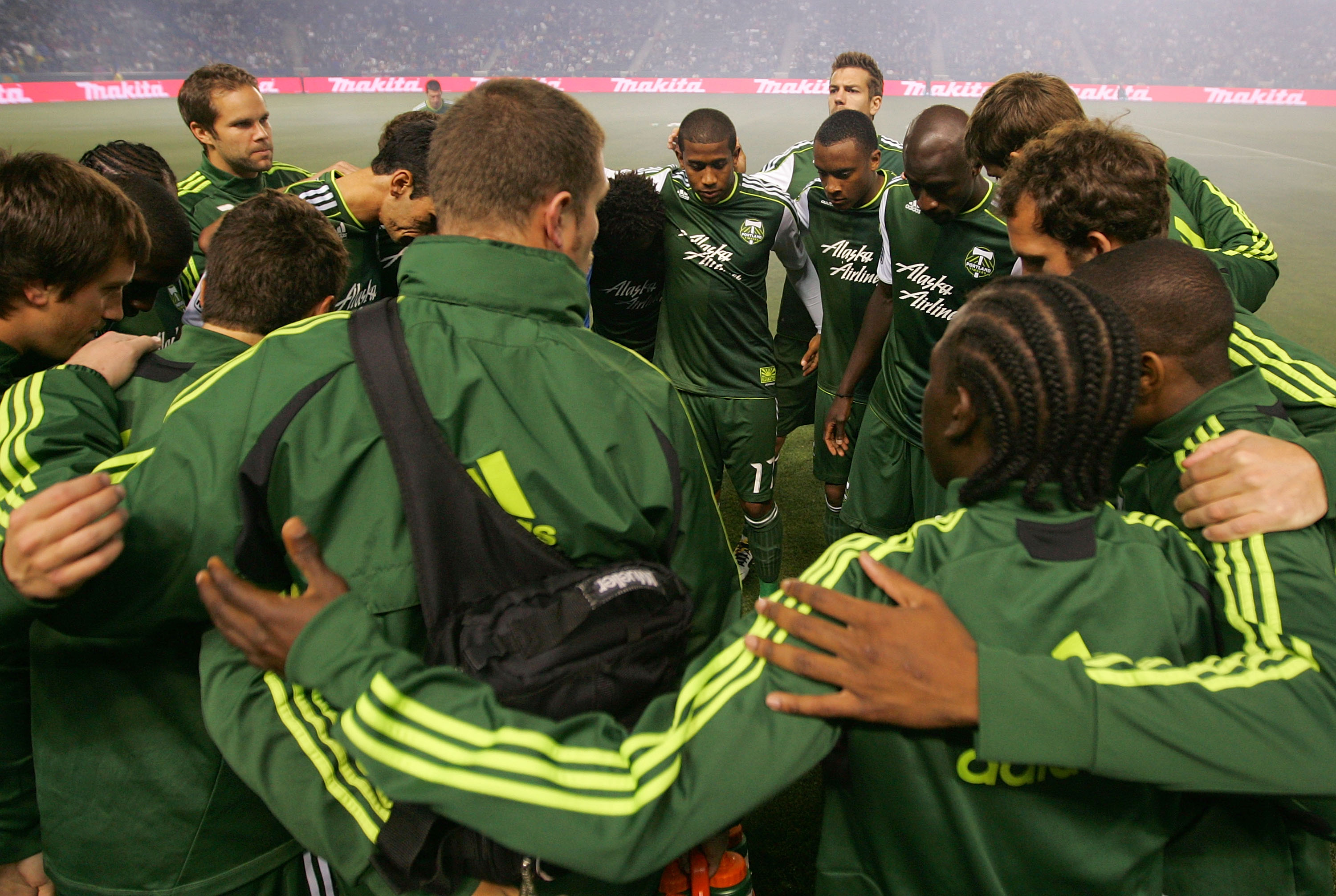 CARSON, CA - APRIL 23: Members of the Portland Timbers huddle prior to their MLS match against the Los Angeles Galaxy at The Home Depot Center on April 23, 2011 in Carson, California. The Galaxy defeated the Timbers 3-0. (Photo by Victor Decolongon/Gett