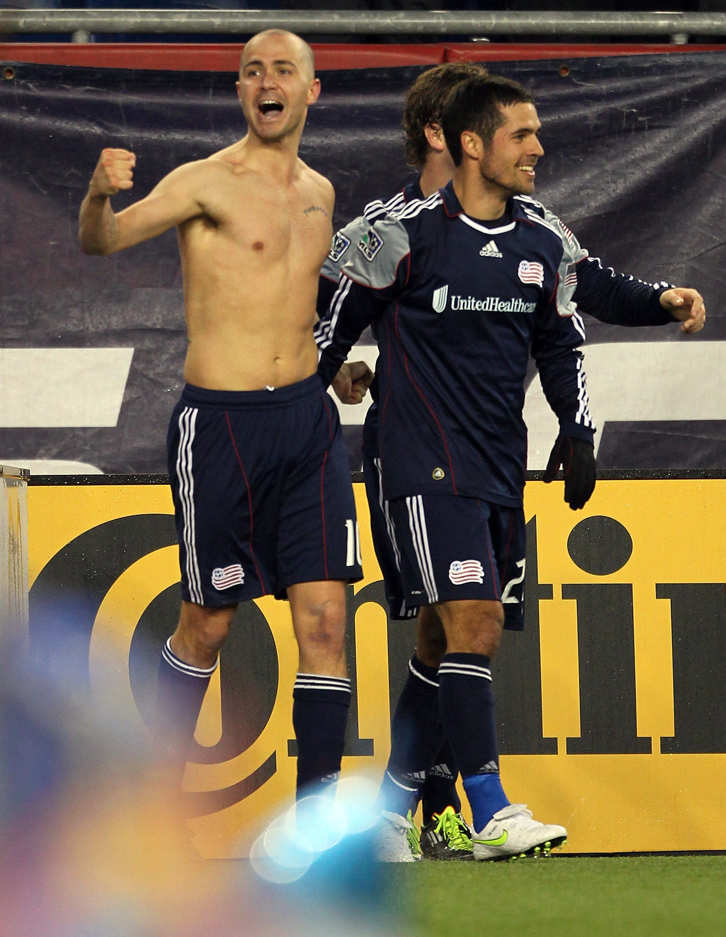FOXBORO, MA - APRIL 23: Rajko Lekic #10 of the New England Revolution throws his shirt into the stand after scoring the go ahead goal in the second half of the game against the Sporting Kansas City at Gillette Stadium on April 23, 2011 in Foxboro, Massa