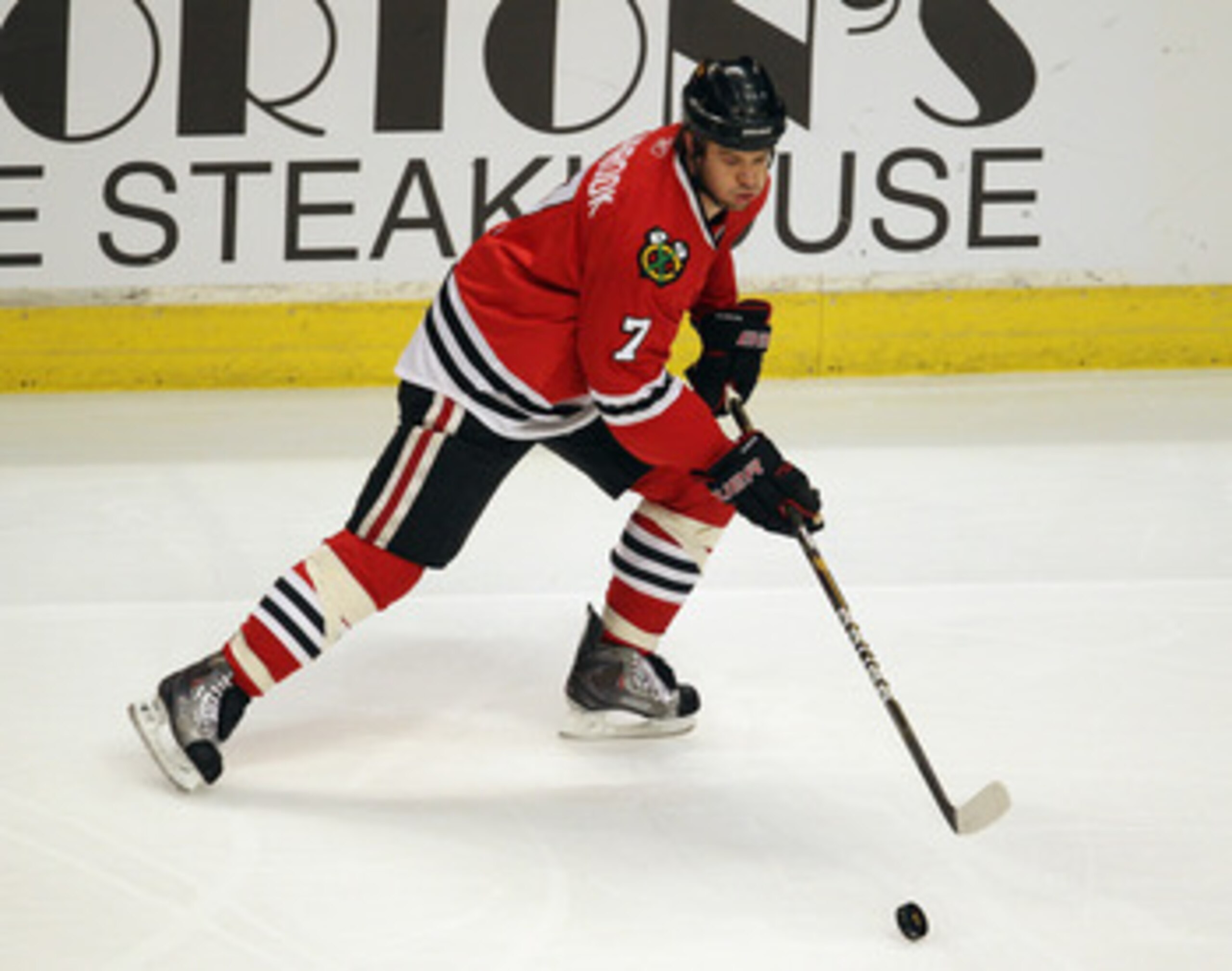 CHICAGO, IL - APRIL 17: Brent Seabrook #7 of the Chicago Blackhawks controls the puck against the Vancouver Canucks in Game Three of the Western Conference Quarterfinals during the 2011 NHL Stanley Cup Playoffs at the United Center on April 17, 2011 in Ch