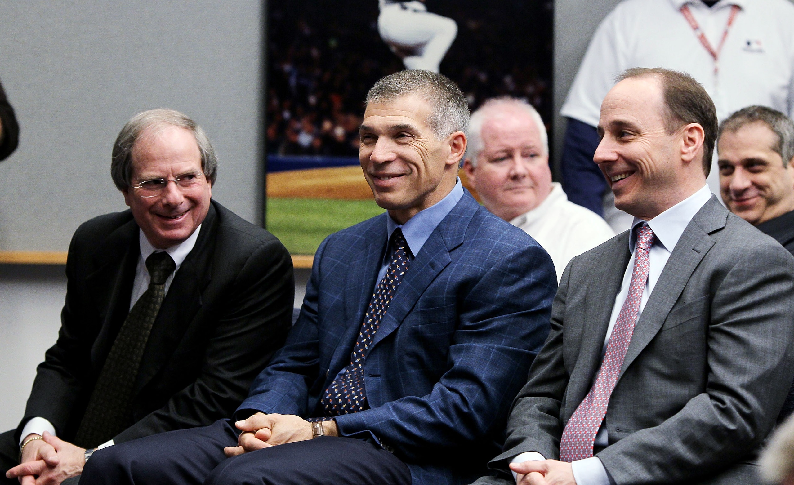 NEW YORK, NY - FEBRUARY 04: (L-R) COO Lonn Trost, manager Joe Girardi and general manager Brian Cashman of the New York Yankees attend the press conference to announce the retirement of Andy Pettitte (not pictured) on February 4, 2011 at Yankee Stadium in