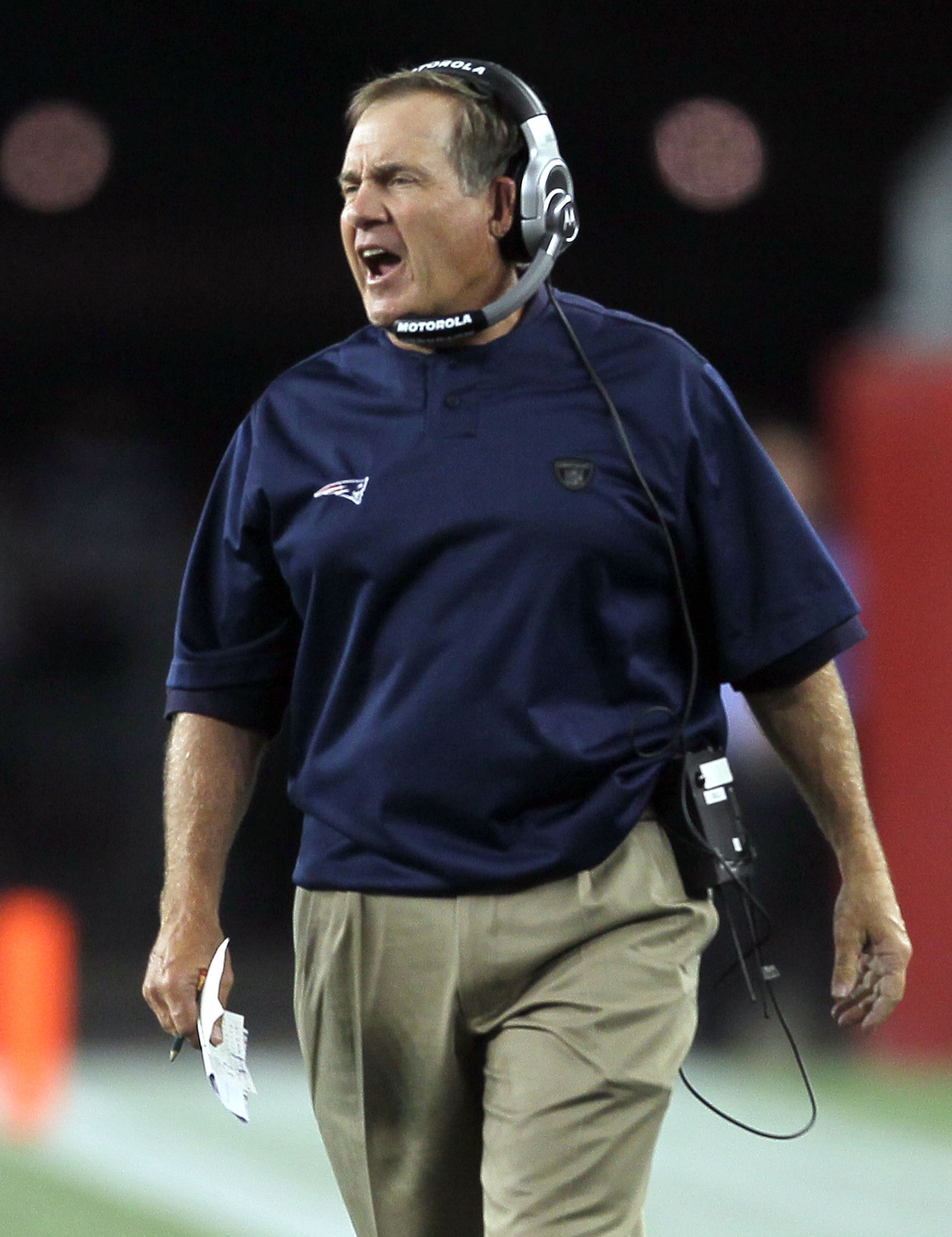 FOXBORO, MA - AUGUST 12: Coach Bill Belichick of the New England Patriots yells to his players in the first quarter during the preseason game against the New Orleans Saints at Gillette Stadium on August 12, 2010 in Foxboro, Massachusetts. (Photo by Jim Ro