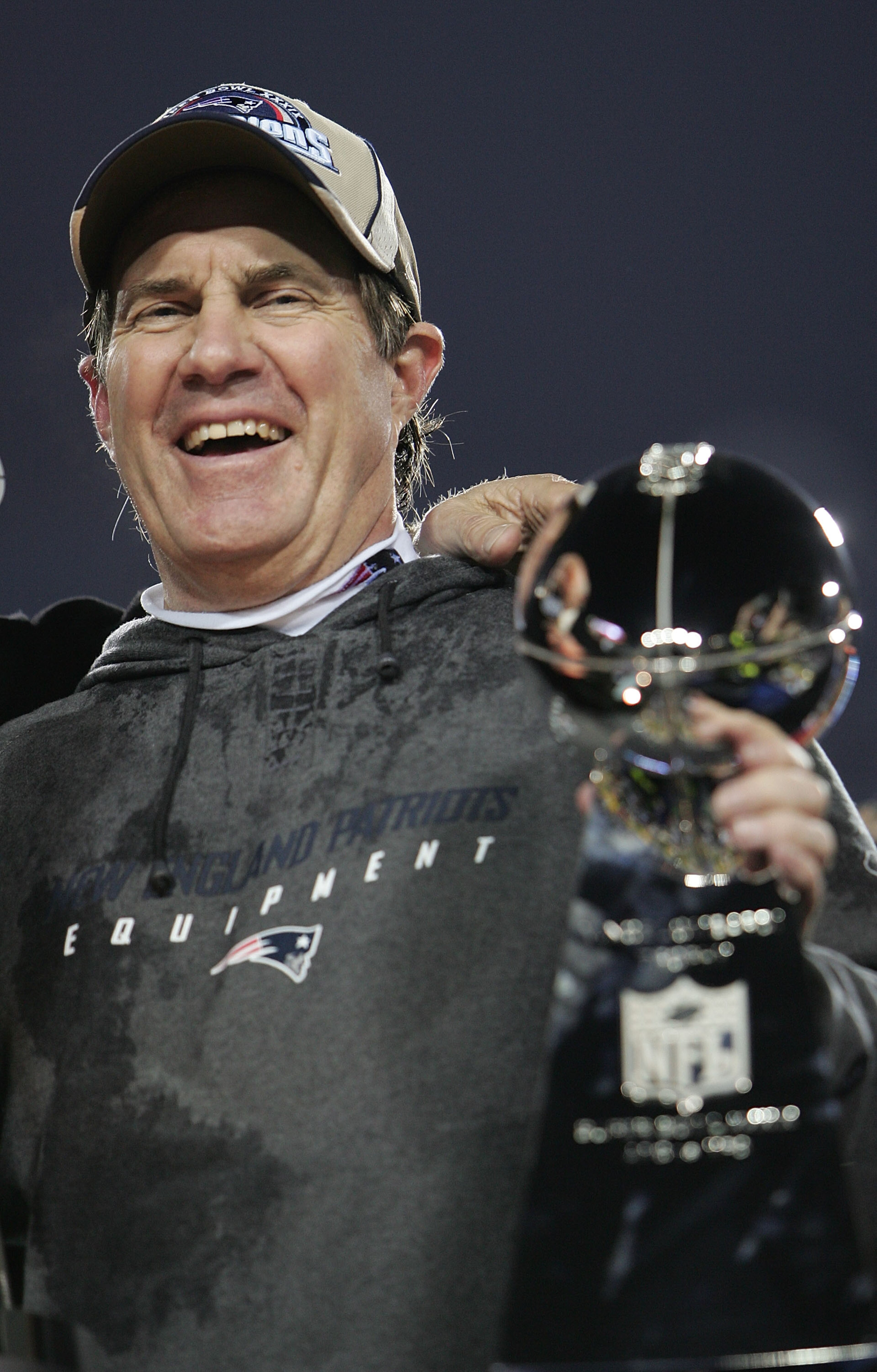 JACKSONVILLE, FLORIDA - FEBRUARY 06: Head coach Bill Belichick of the New England Patriots celebrates with the Lombardi trophy after defeating the Philadelphia Eagles in Super Bowl XXXIX at Alltel Stadium on February 6, 2005 in Jacksonville, Florida. Th JACKSONVILLE, FLORIDA - FEBRUARY 06: Head coach Bill Belichick of the New England Patriots celebrates with the Lombardi trophy after defeating the Philadelphia Eagles in Super Bowl XXXIX at Alltel Stadium on February 6, 2005 in Jacksonville, Florida. Th