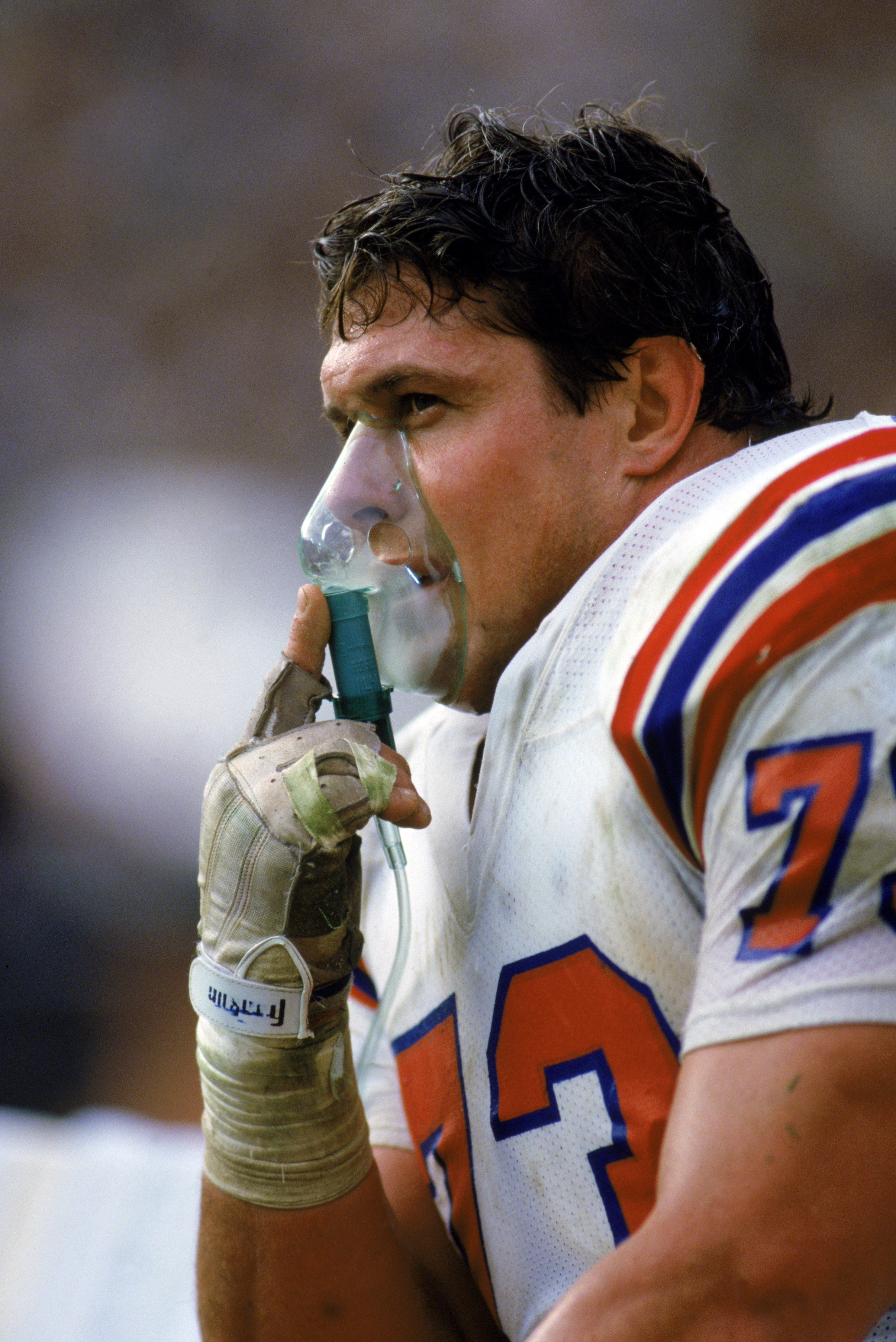 John Hannah #73 of the New England Patriots in action against the Houston  Oilers during an NFL game