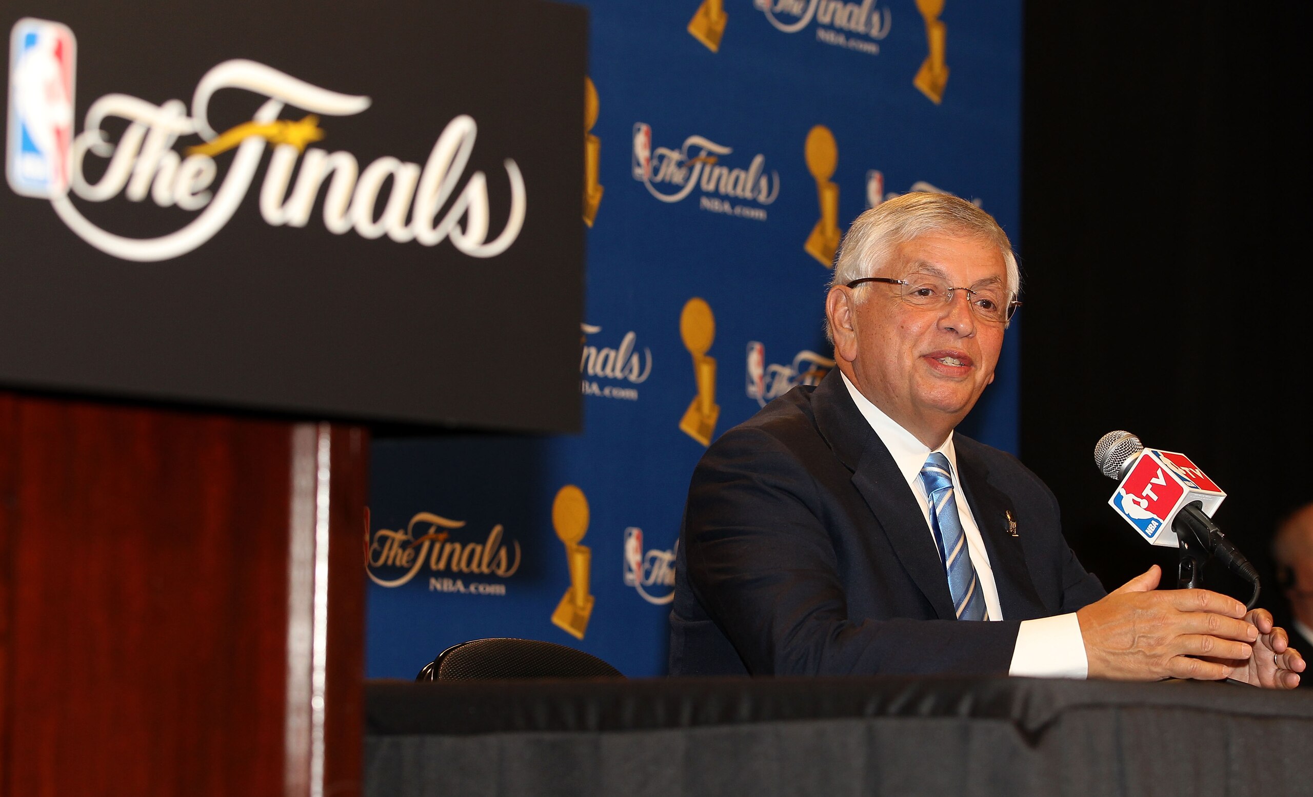 LOS ANGELES, CA - JUNE 03:  NBA Commissioner David Stern talks with the media prior to the start of Game One of the 2010 NBA Finals between the Boston Celtics and the Los Angeles Lakers at Staples Center on June 3, 2010 in Los Angeles, California.  NOTE T