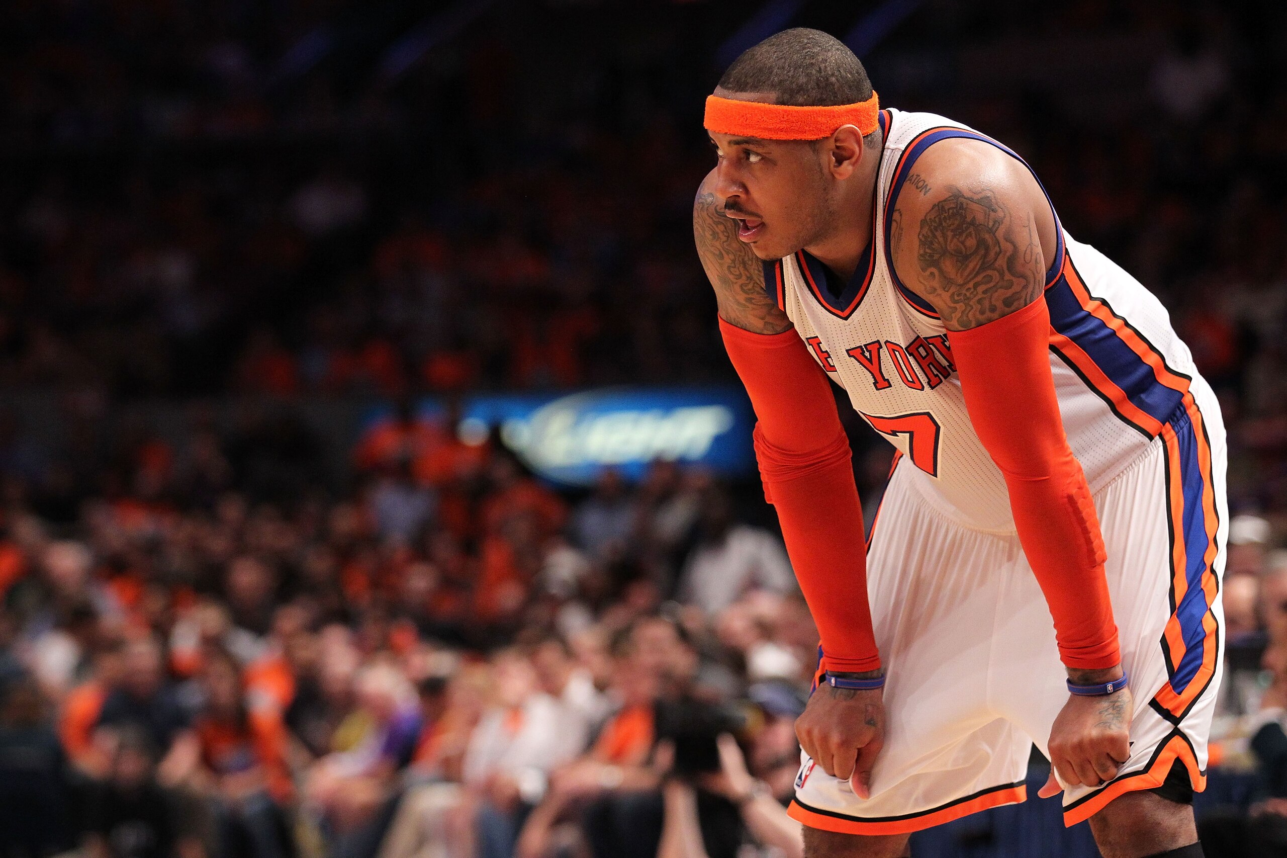 NEW YORK, NY - APRIL 24:  Carmelo Anthony #7 of the New York Knicks looks on against the Boston Celtics in Game Four of the Eastern Conference Quarterfinals during the 2011 NBA Playoffs on April 24, 2011 at Madison Square Garden in New York City. NOTE TO