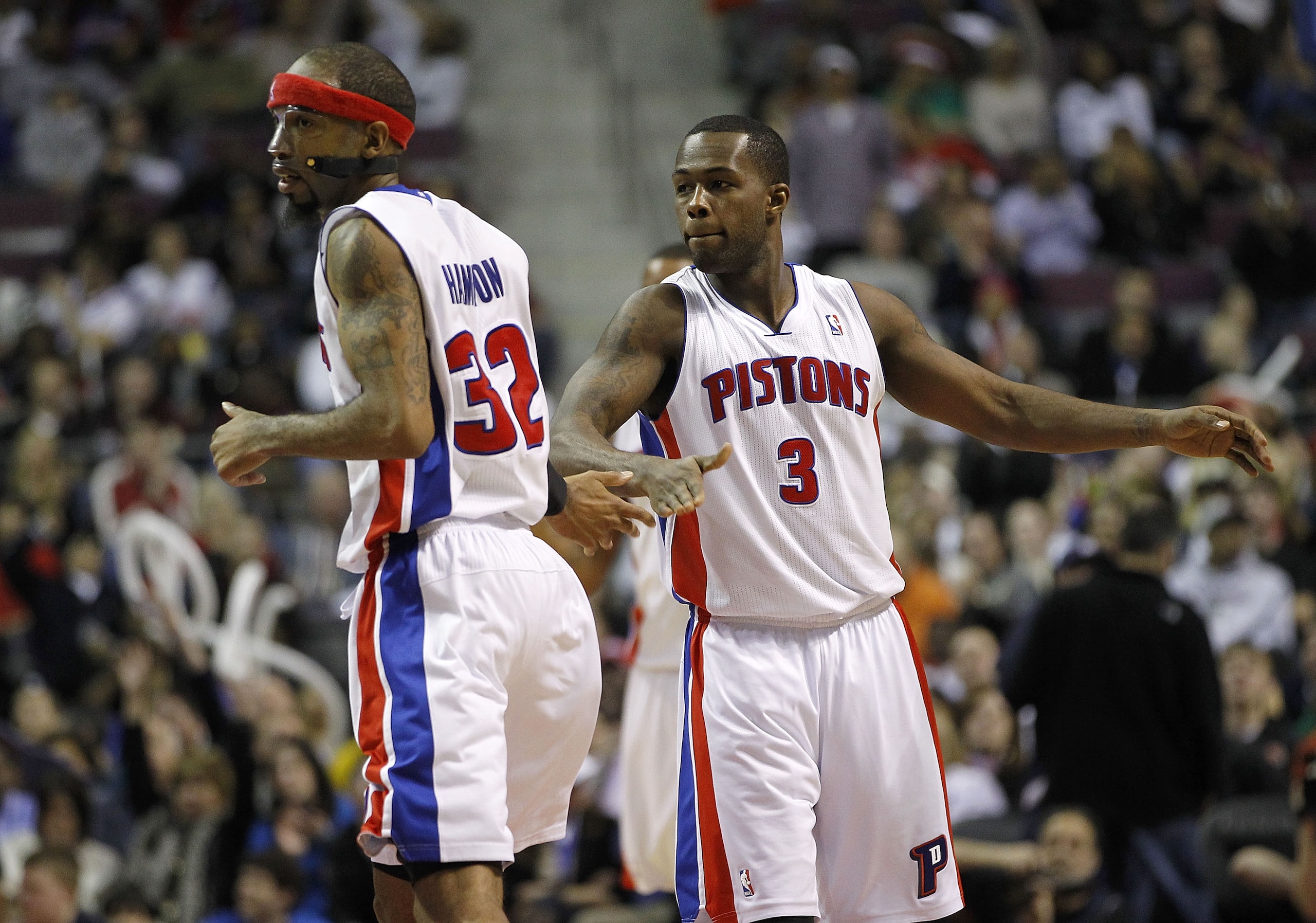 AUBURN HILLS, MI - MARCH 23:  Richard Hamilton #32 of the Detroit Pistons celebrates a three-point basket with teammate Rodney Stuckey #3 while playing the Miami Heat at The Palace of Auburn Hills on March 23, 2011 in Auburn Hills, Michigan. Miami won the
