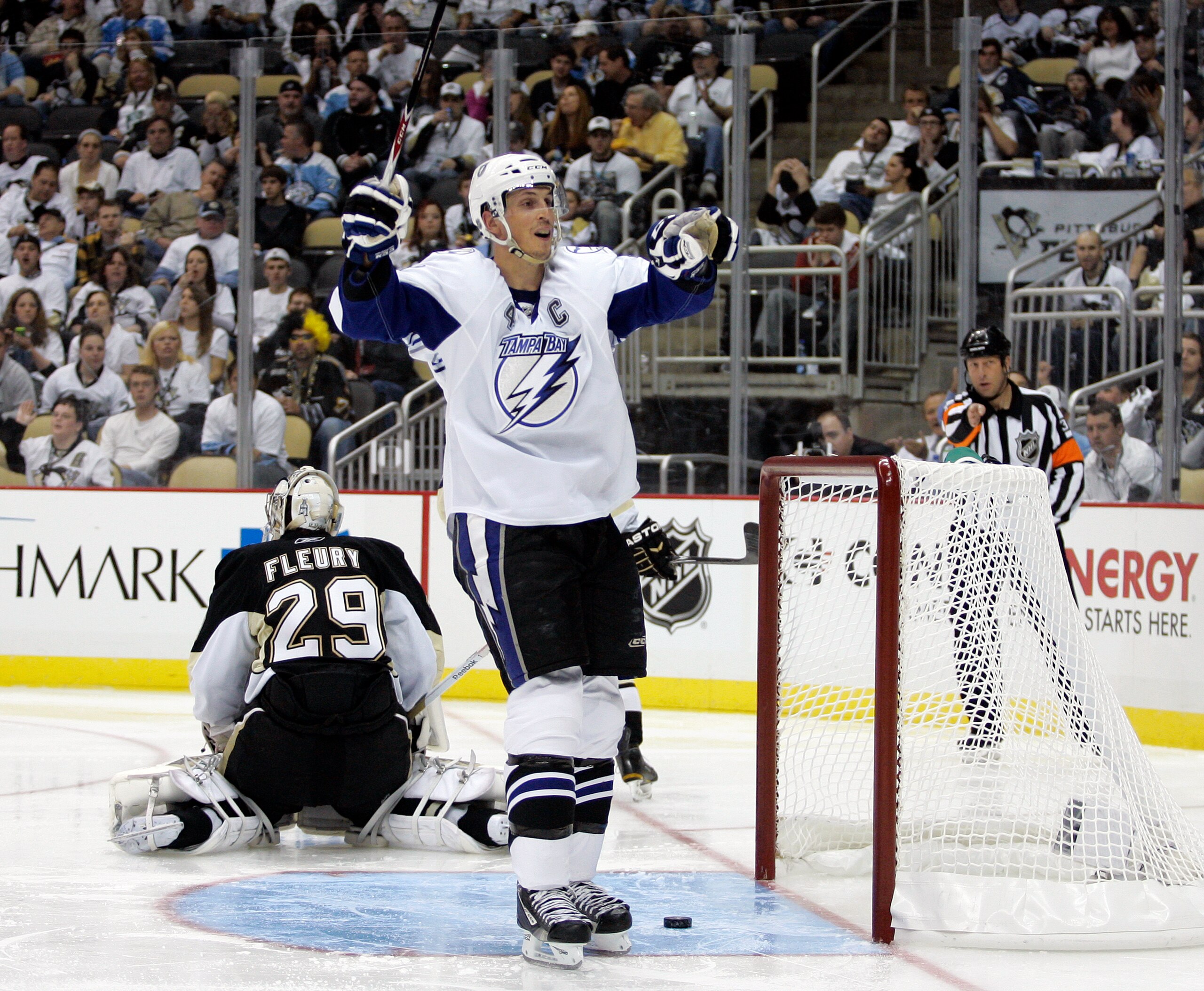 PITTSBURGH, PA - APRIL 23:  Vincent Lecavalier #4 of the Tampa Bay Lightning celebrates his second period goal against the Pittsburgh Penguins in Game Five of the Eastern Conference Quarterfinals during the 2011 NHL Stanley Cup Playoffs at Consol Energy C