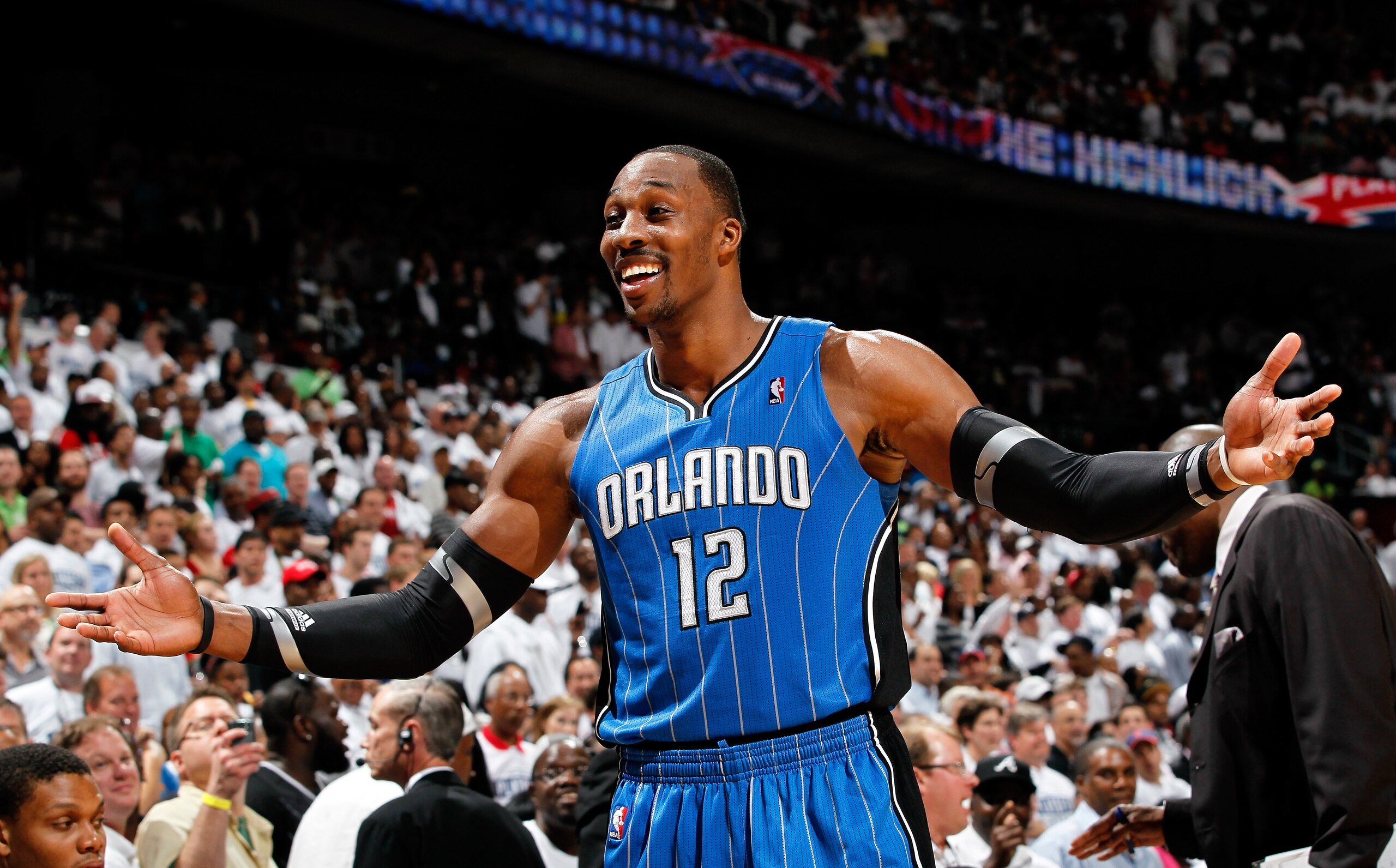 ATLANTA, GA - APRIL 22:  Dwight Howard #12 of the Orlando Magic reacts after being called for a technical foul against the Atlanta Hawks during Game Three of the Eastern Conference Quarterfinals in the 2011 NBA Playoffs at Philips Arena on April 22, 2011