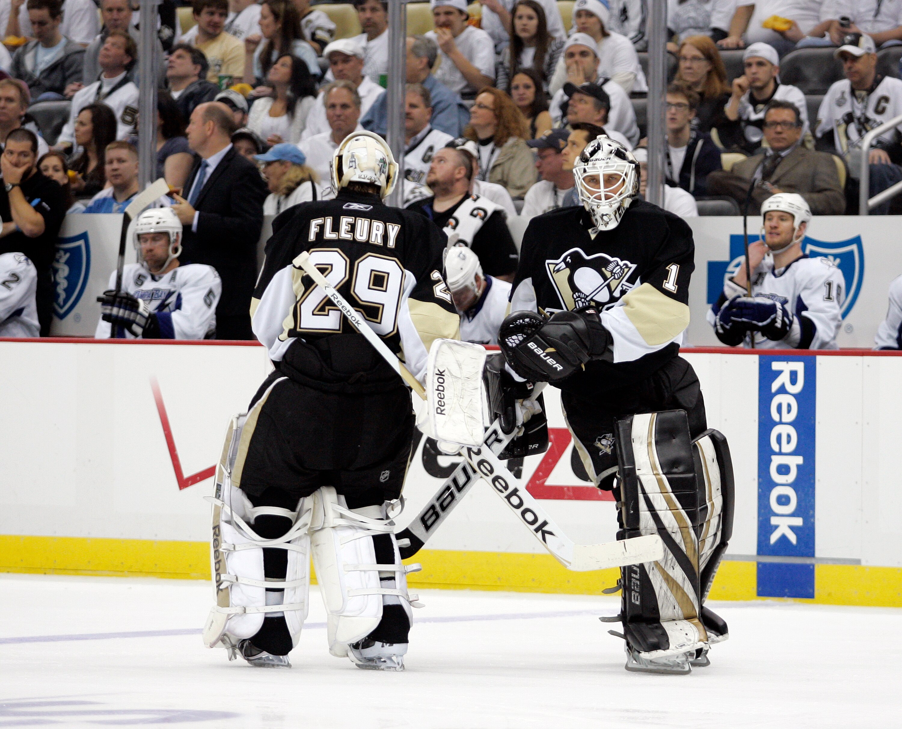 PITTSBURGH, PA - APRIL 23:  Brent Johnson #1 of the Pittsburgh Penguins replaces Marc-Andre Fleury #29 against the Tampa Bay Lightning in Game Five of the Eastern Conference Quarterfinals during the 2011 NHL Stanley Cup Playoffs at Consol Energy Center on