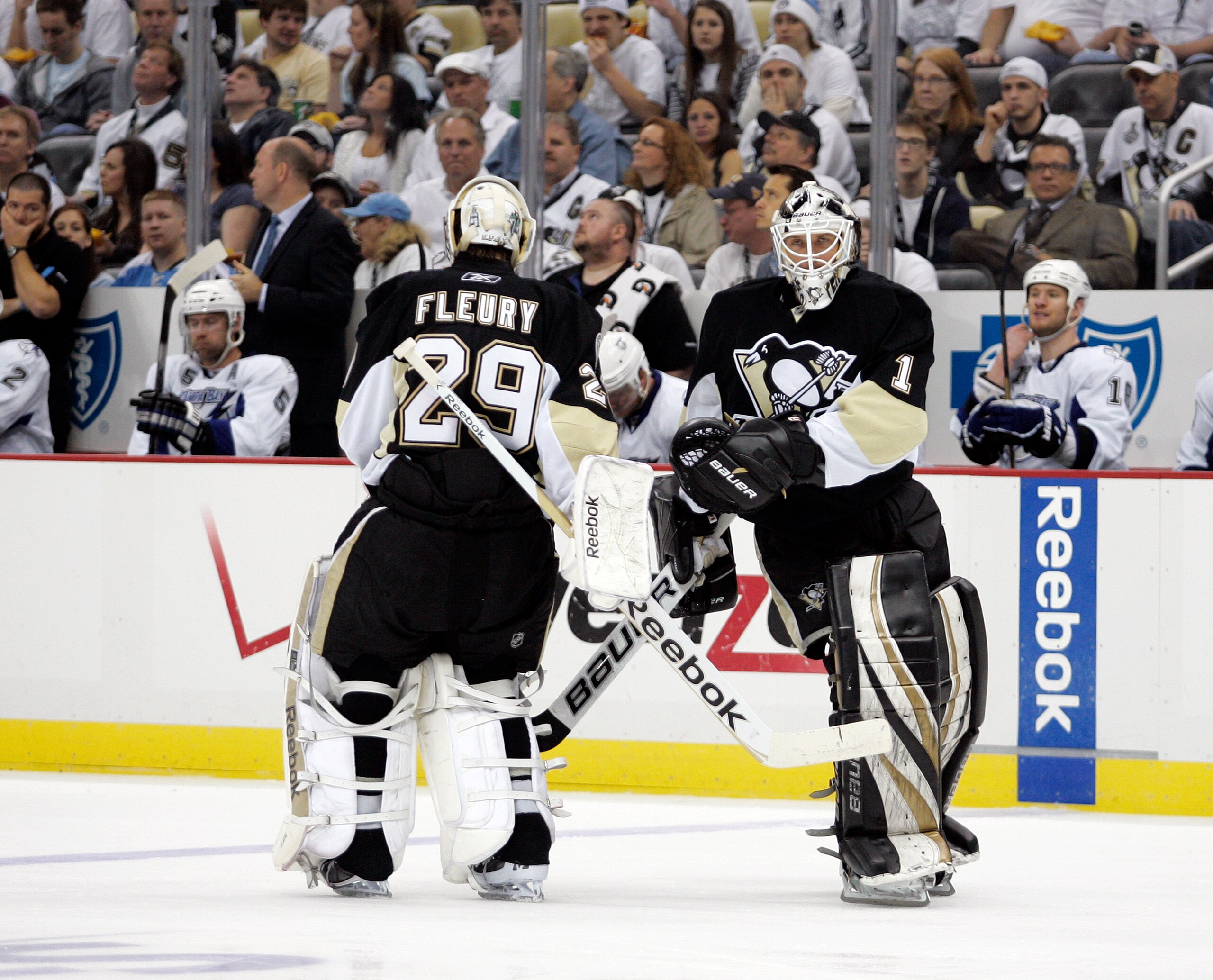 PITTSBURGH, PA - APRIL 23:  Brent Johnson #1 of the Pittsburgh Penguins replaces Marc-Andre Fleury #29 against the Tampa Bay Lightning in Game Five of the Eastern Conference Quarterfinals during the 2011 NHL Stanley Cup Playoffs at Consol Energy Center on