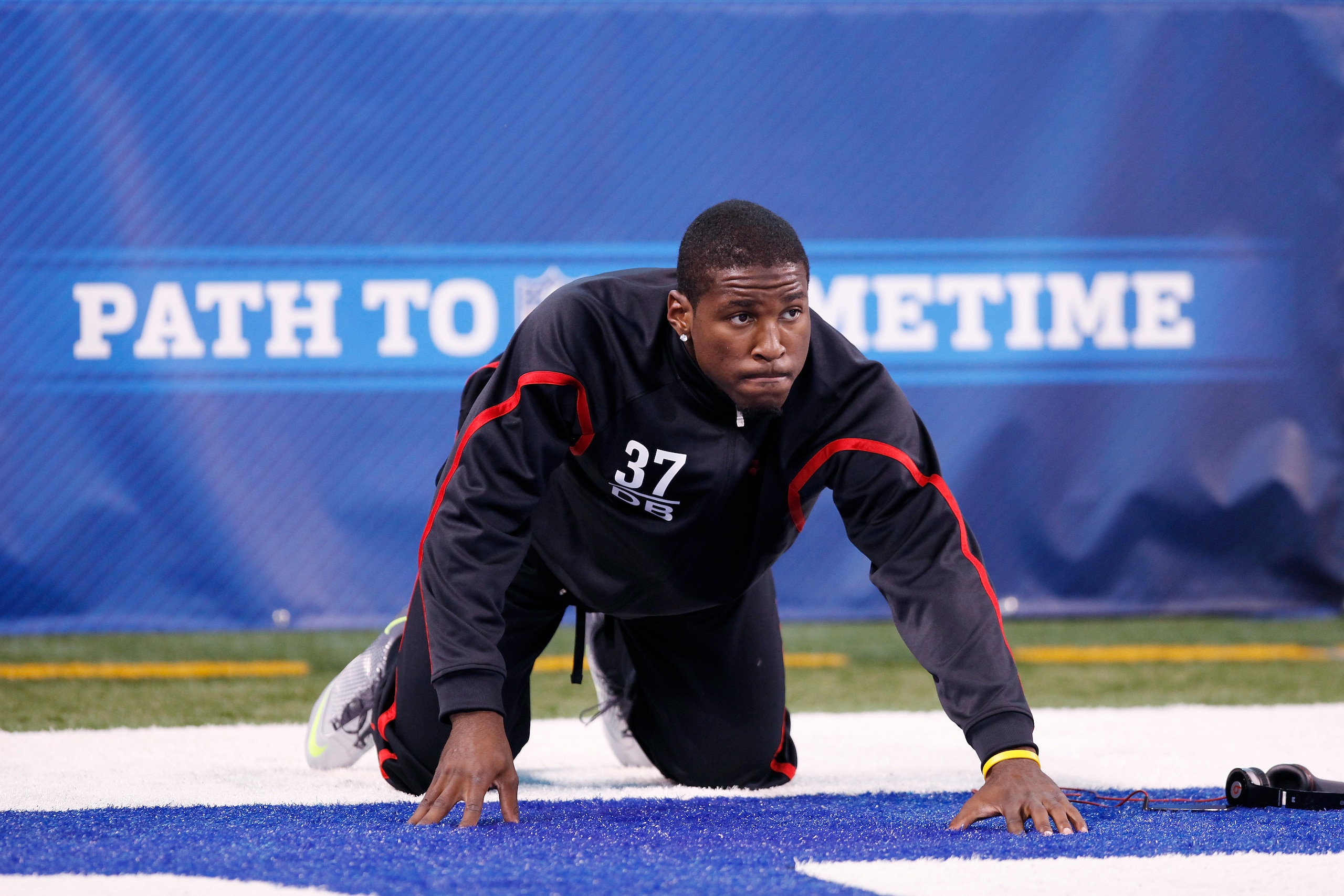 INDIANAPOLIS, IN - MARCH 1: Defensive back Patrick Peterson #37 of LSU stretches before working out during the 2011 NFL Scouting Combine at Lucas Oil Stadium on February 28, 2011 in Indianapolis, Indiana. (Photo by Joe Robbins/Getty Images)