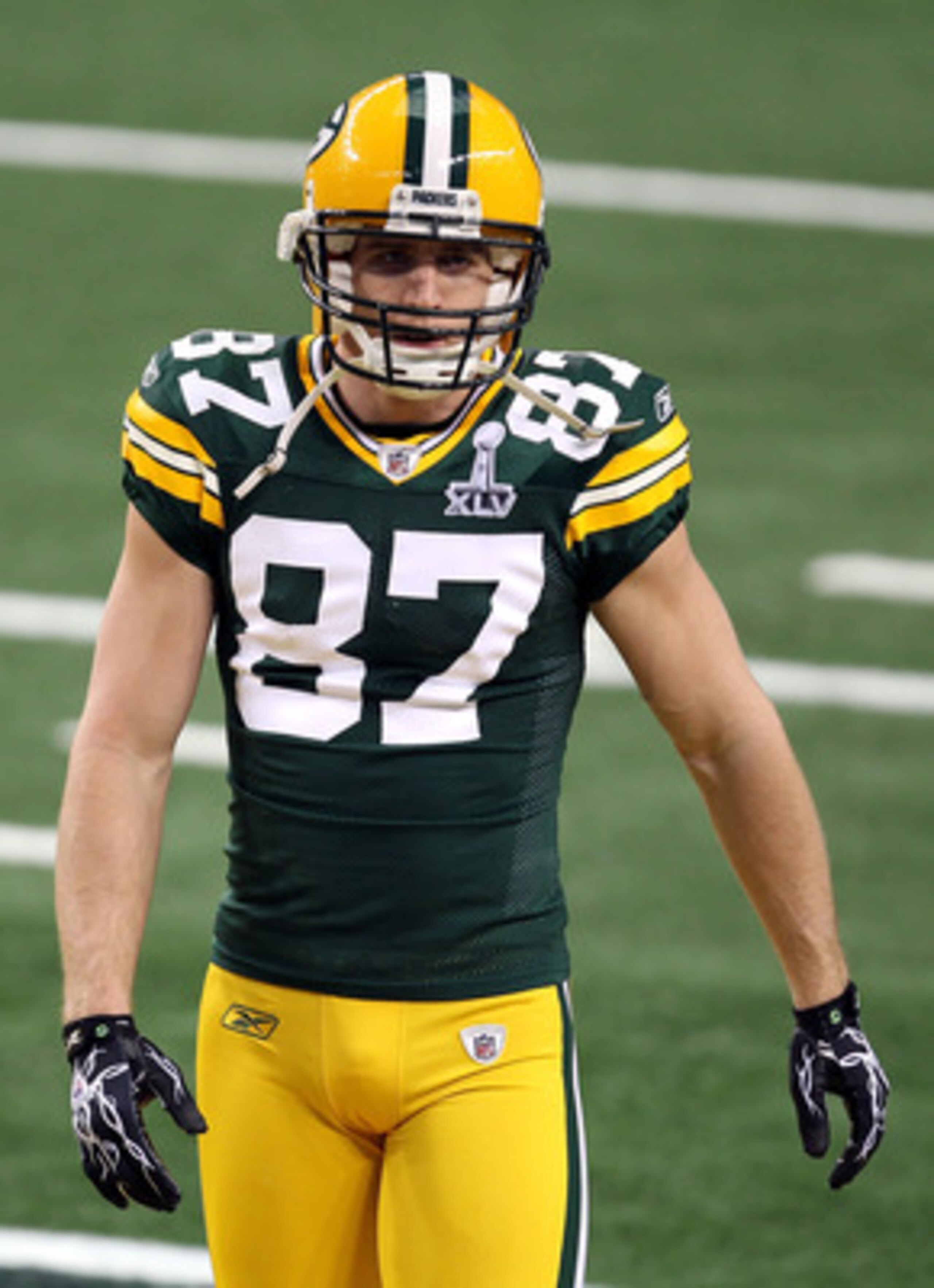 ARLINGTON, TX - FEBRUARY 06:  Jordy Nelson #87 of the Green Bay Packers looks on during warm ups against the Pittsburgh Steelers during Super Bowl XLV at Cowboys Stadium on February 6, 2011 in Arlington, Texas. The Packers won 31-25.  (Photo by Mike Ehrma