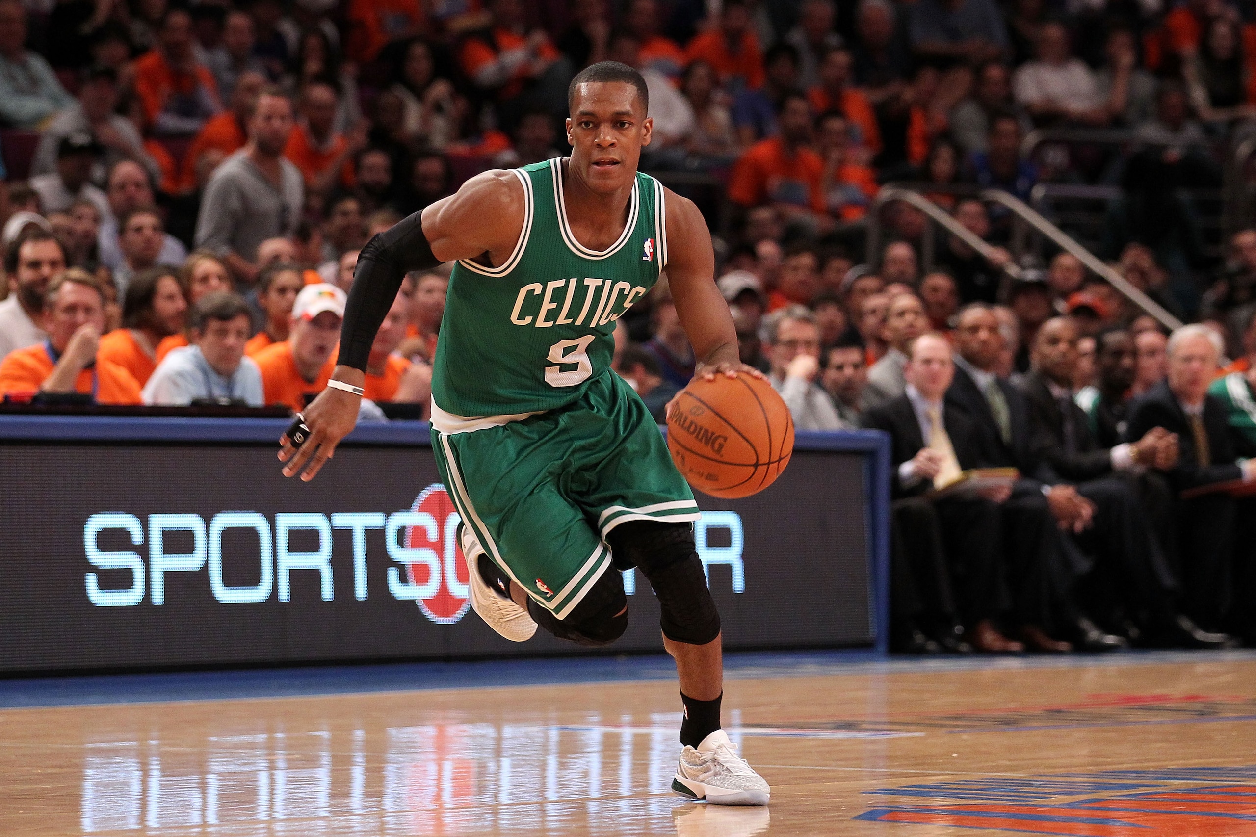 NEW YORK, NY - APRIL 24:  Rajon Rondo #9 of the Boston Celtics brings the ball up court against the New York Knicks in Game Four of the Eastern Conference Quarterfinals during the 2011 NBA Playoffs on April 24, 2011 at Madison Square Garden in New York Ci