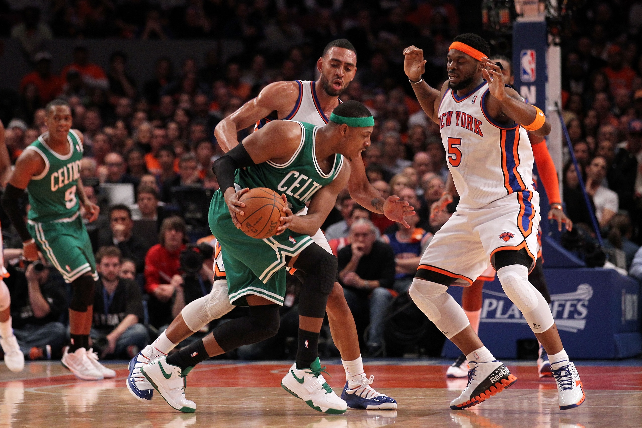 NEW YORK, NY - APRIL 22:  Jared Jeffries #9 and Bill Walker #5 of the New York Knicks defend against Paul Pierce #34 of the Boston Celtics in Game Three of the Eastern Conference Quarterfinals in the 2011 NBA Playoffs on April 22, 2011 at Madison Square G