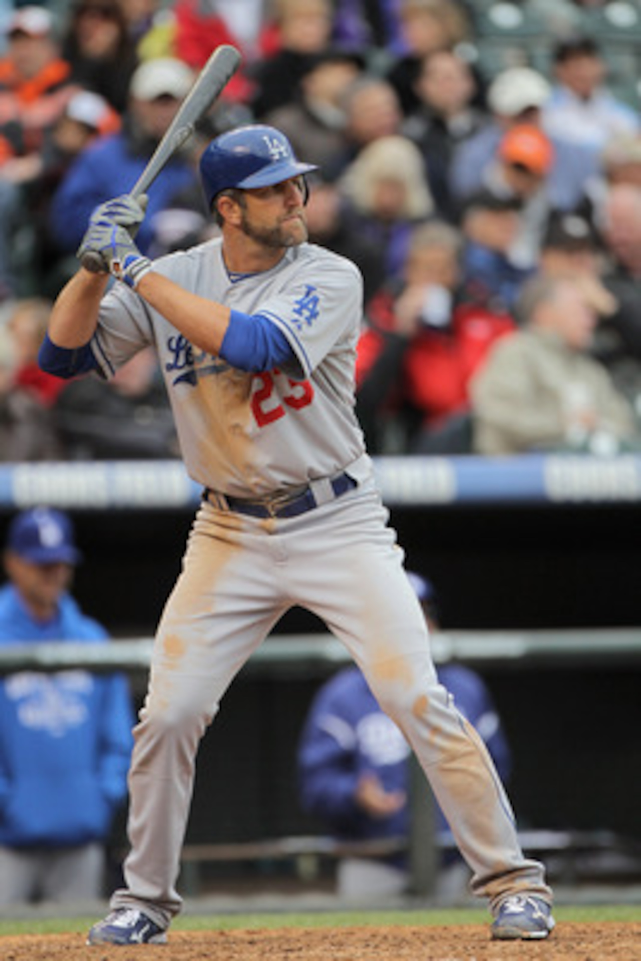 DENVER, CO - APRIL 06:  Casey Blake #23 of the Los Angeles Dodgers takes an at bat against the Colorado Rockies at Coors Field on April 6, 2011 in Denver, Colorado.  (Photo by Doug Pensinger/Getty Images)