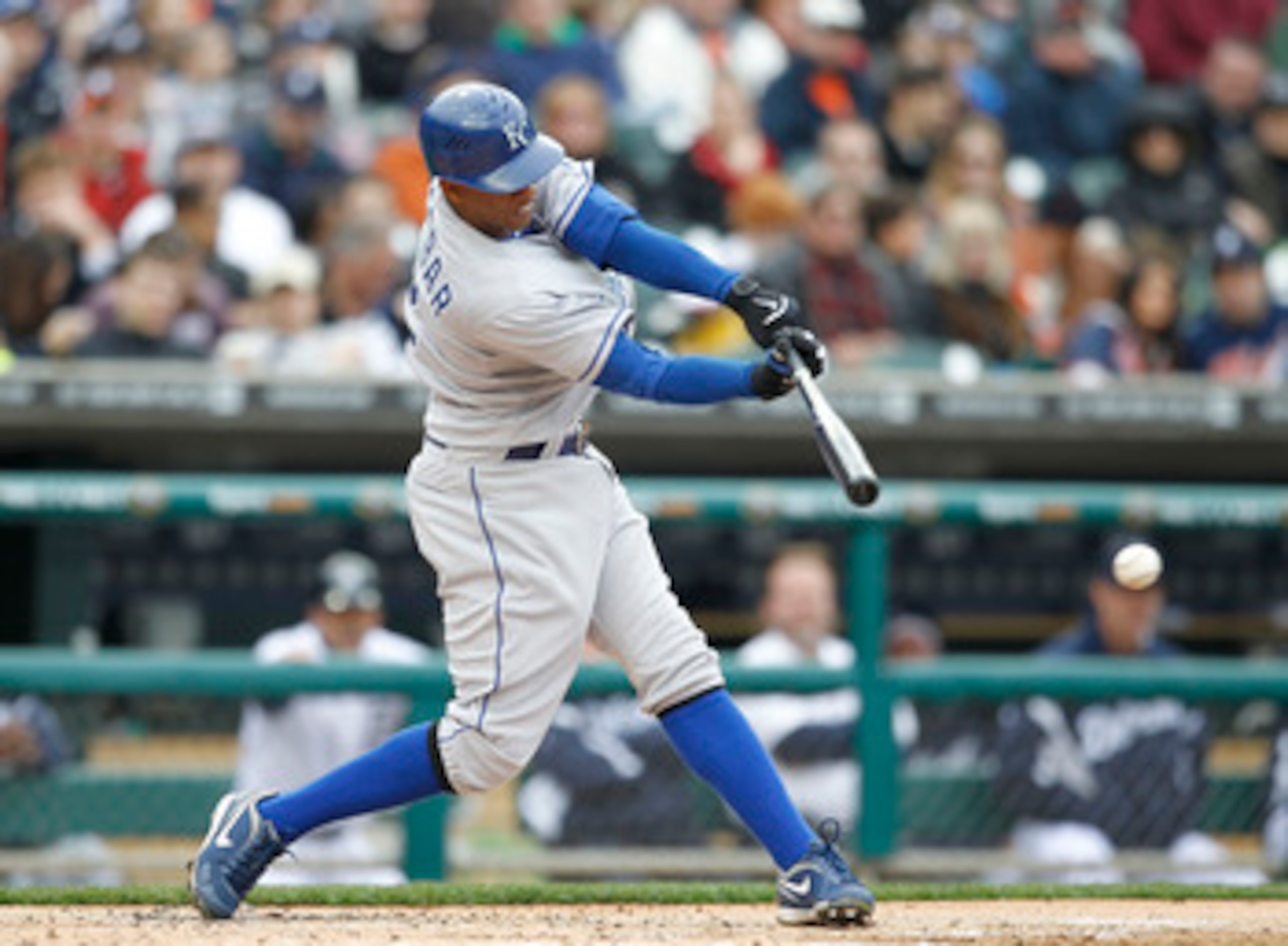 DETROIT - APRIL 09:  Alcides Escobar #2 of the Kansas City Royals bats during the fifth inning during the game against the Detroit Tigers at Comerica Park on April 9, 2011 in Detroit, Michigan. The Royals defeated the Tigers 3-1.  (Photo by Leon Halip/Get