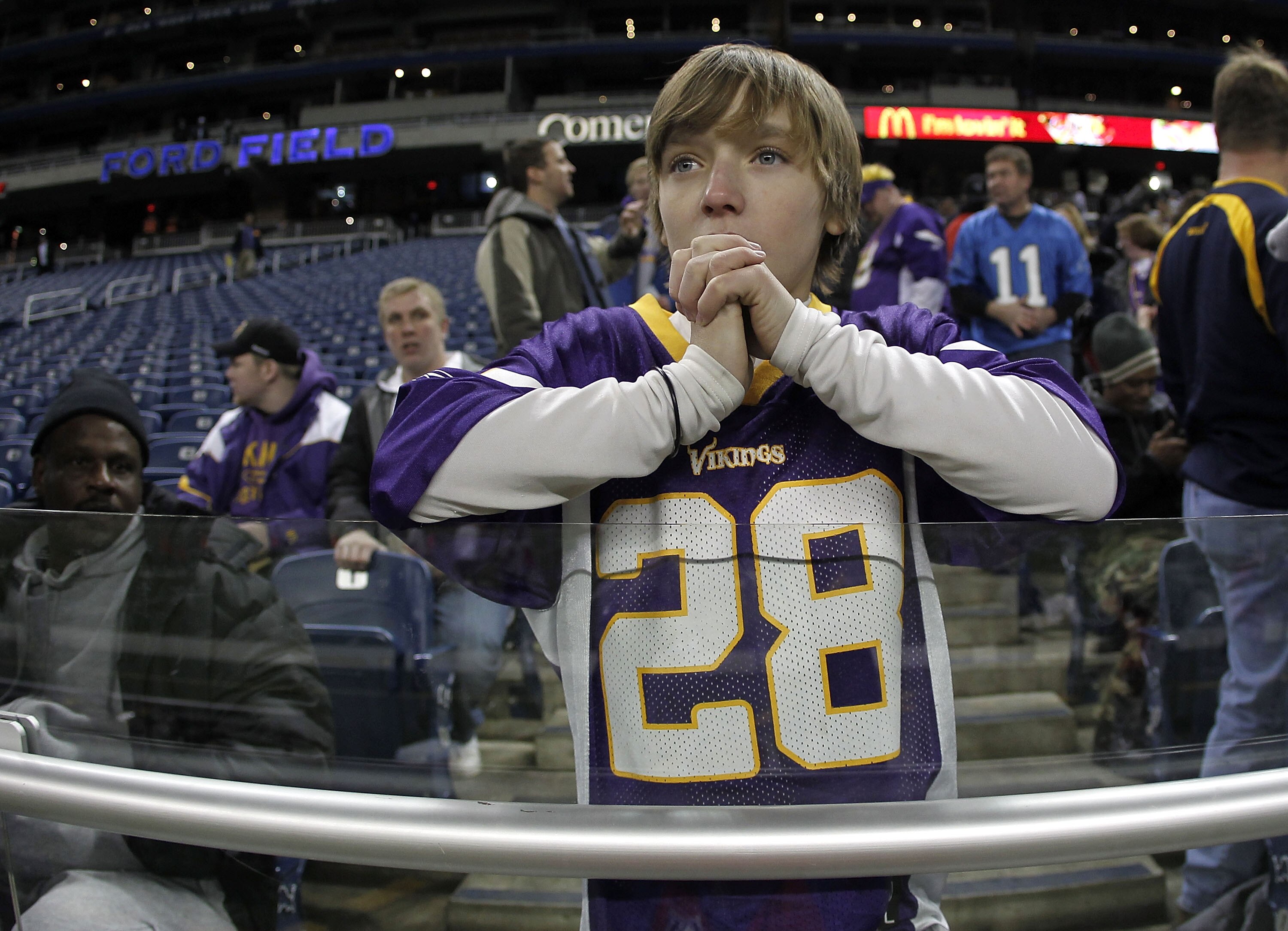 DETROIT, MI - DECEMBER 13:   A young fan looks on prior to the Minnesota Vikings playing the New York Giants at Ford Field on December 13, 2010 in Detroit, Michigan.  (Photo by Gregory Shamus/Getty Images)