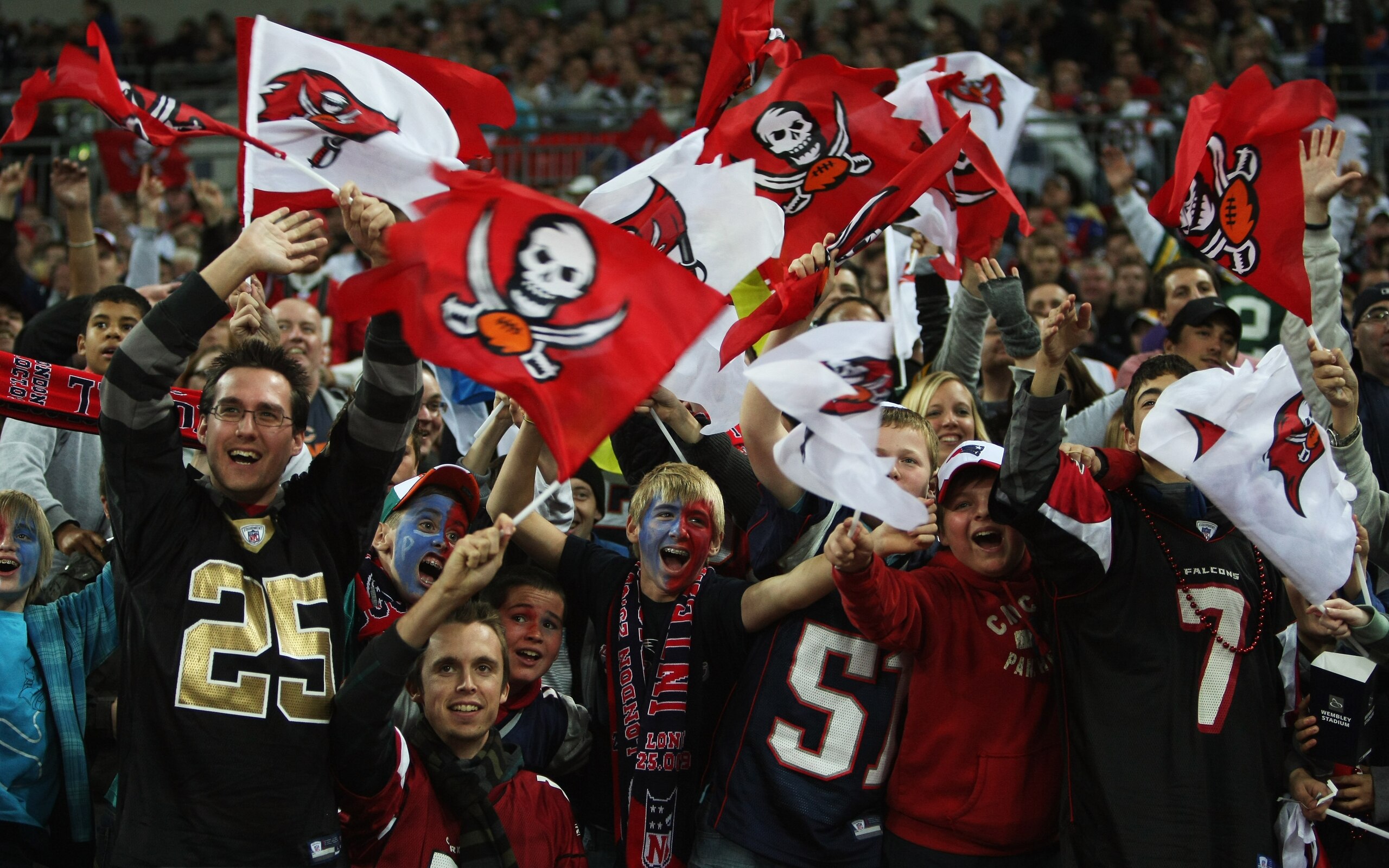 LONDON, ENGLAND - OCTOBER 25:  Tampa Bay Buccaneer Fans during the NFL International Series match between New England Patriots and Tampa Bay Buccaneers at Wembley Stadium on October 25, 2009 in London, England. This is the third occasion where a regular s