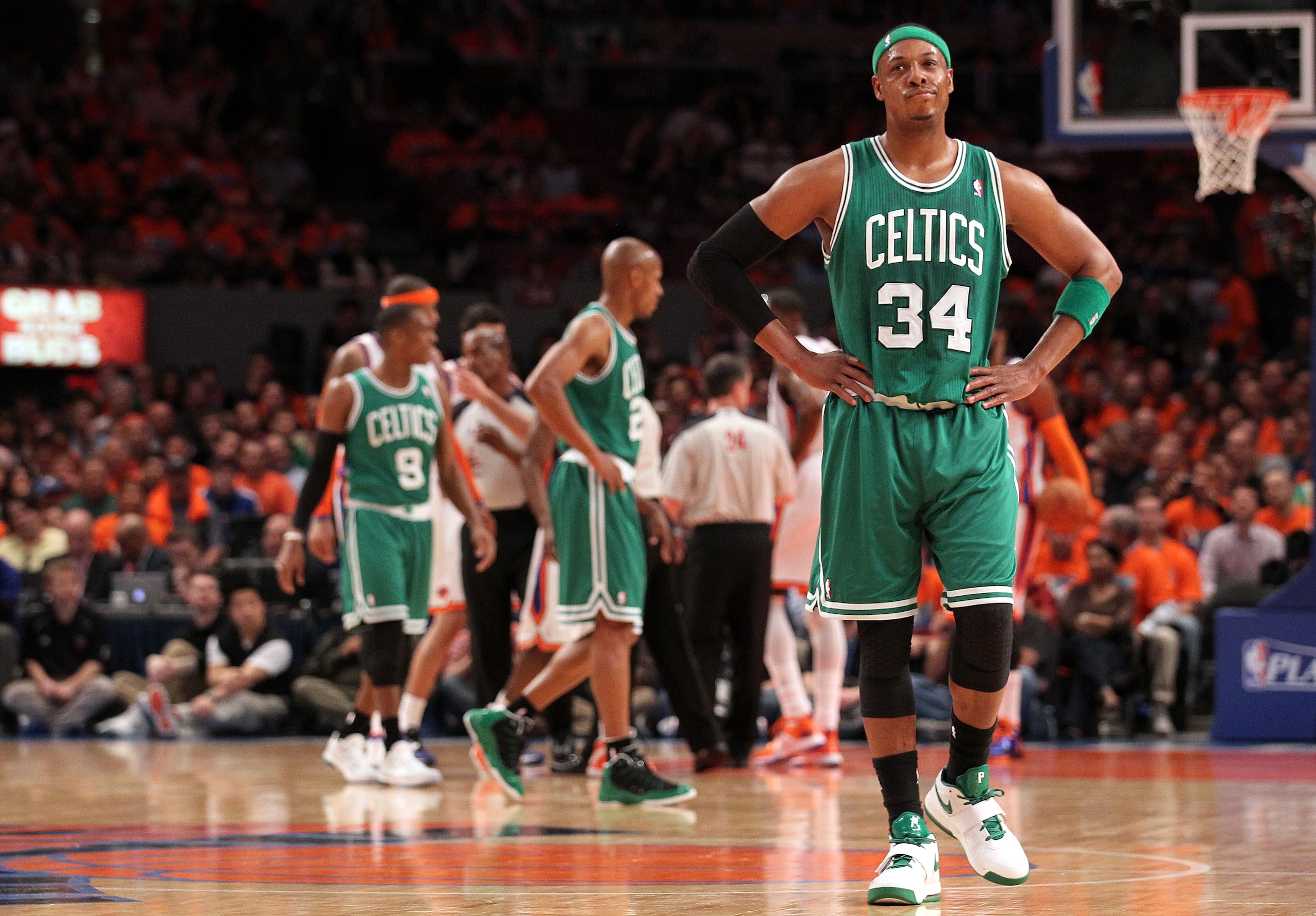 NEW YORK, NY - APRIL 24:  Paul Pierce #34 of the Boston Celtics looks on against the New York Knicks in Game Four of the Eastern Conference Quarterfinals during the 2011 NBA Playoffs on April 24, 2011 at Madison Square Garden in New York City. NOTE TO USE
