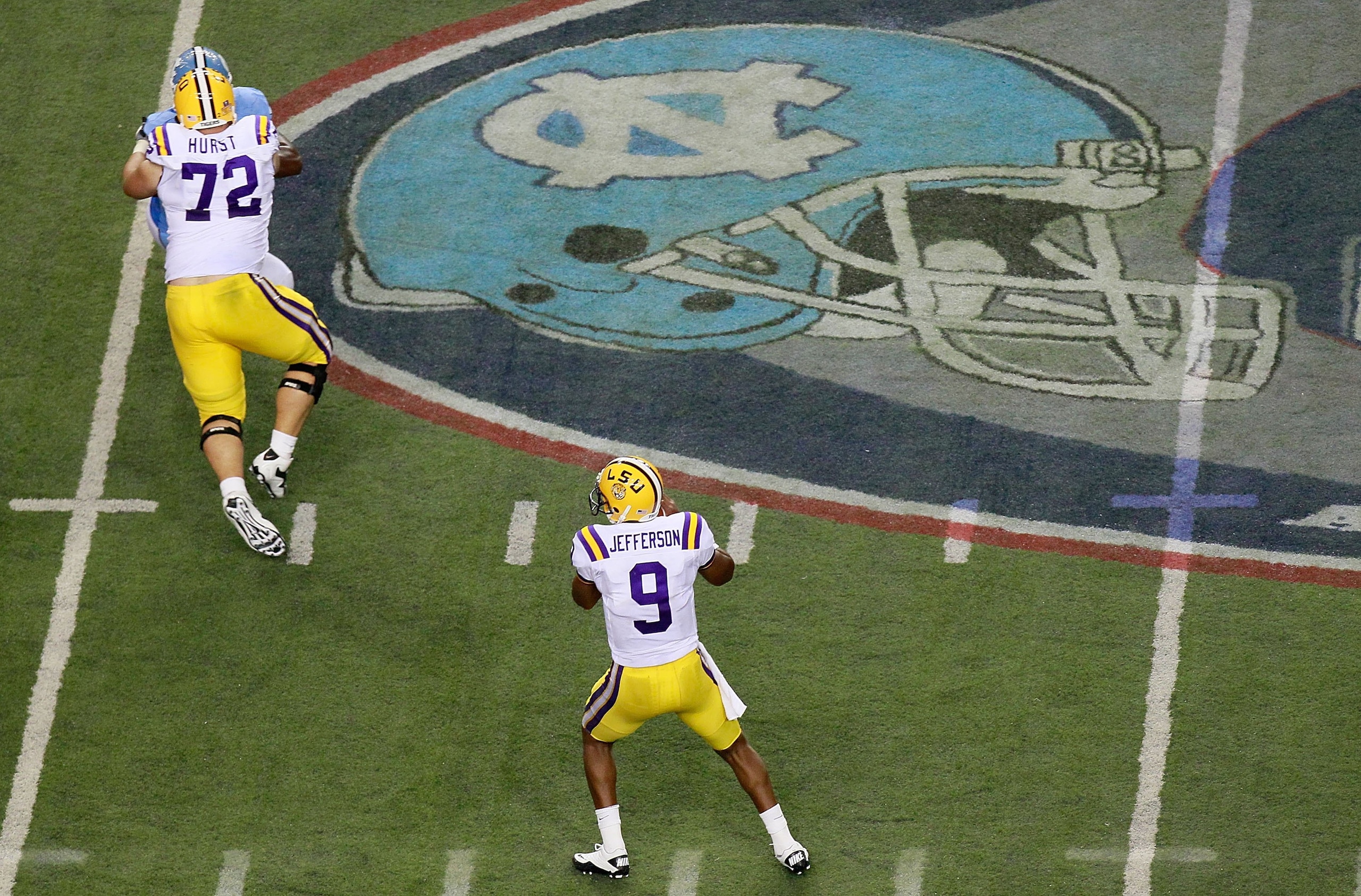 ATLANTA - SEPTEMBER 04: Quarterback Jordan Jefferson #9 and Alex Hurst #72 of the LSU Tigers against the North Carolina Tar Heels during the Chick-fil-A Kickoff Game at Georgia Dome on September 4, 2010 in Atlanta, Georgia. (Photo by Kevin C. Cox/Getty ATLANTA - SEPTEMBER 04: Quarterback Jordan Jefferson #9 and Alex Hurst #72 of the LSU Tigers against the North Carolina Tar Heels during the Chick-fil-A Kickoff Game at Georgia Dome on September 4, 2010 in Atlanta, Georgia. (Photo by Kevin C. Cox/Getty