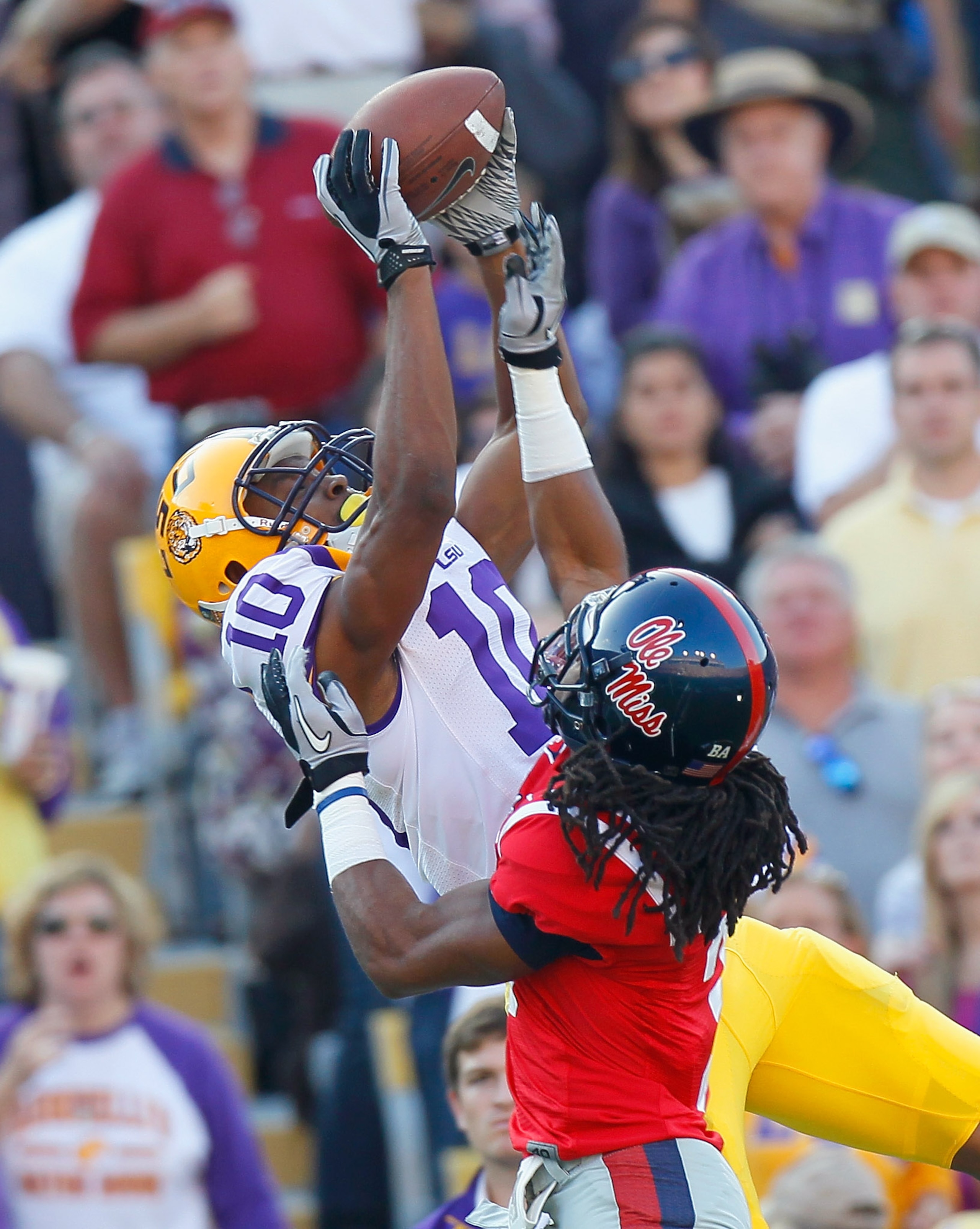 BATON ROUGE, LA - NOVEMBER 20: Charles Sawyer #3 of the Ole Miss Rebels breaks up a reception intended for Russell Shepard #10 of the Louisiana State University Tigers at Tiger Stadium on November 20, 2010 in Baton Rouge, Louisiana. (Photo by Kevin C. C BATON ROUGE, LA - NOVEMBER 20: Charles Sawyer #3 of the Ole Miss Rebels breaks up a reception intended for Russell Shepard #10 of the Louisiana State University Tigers at Tiger Stadium on November 20, 2010 in Baton Rouge, Louisiana. (Photo by Kevin C. C