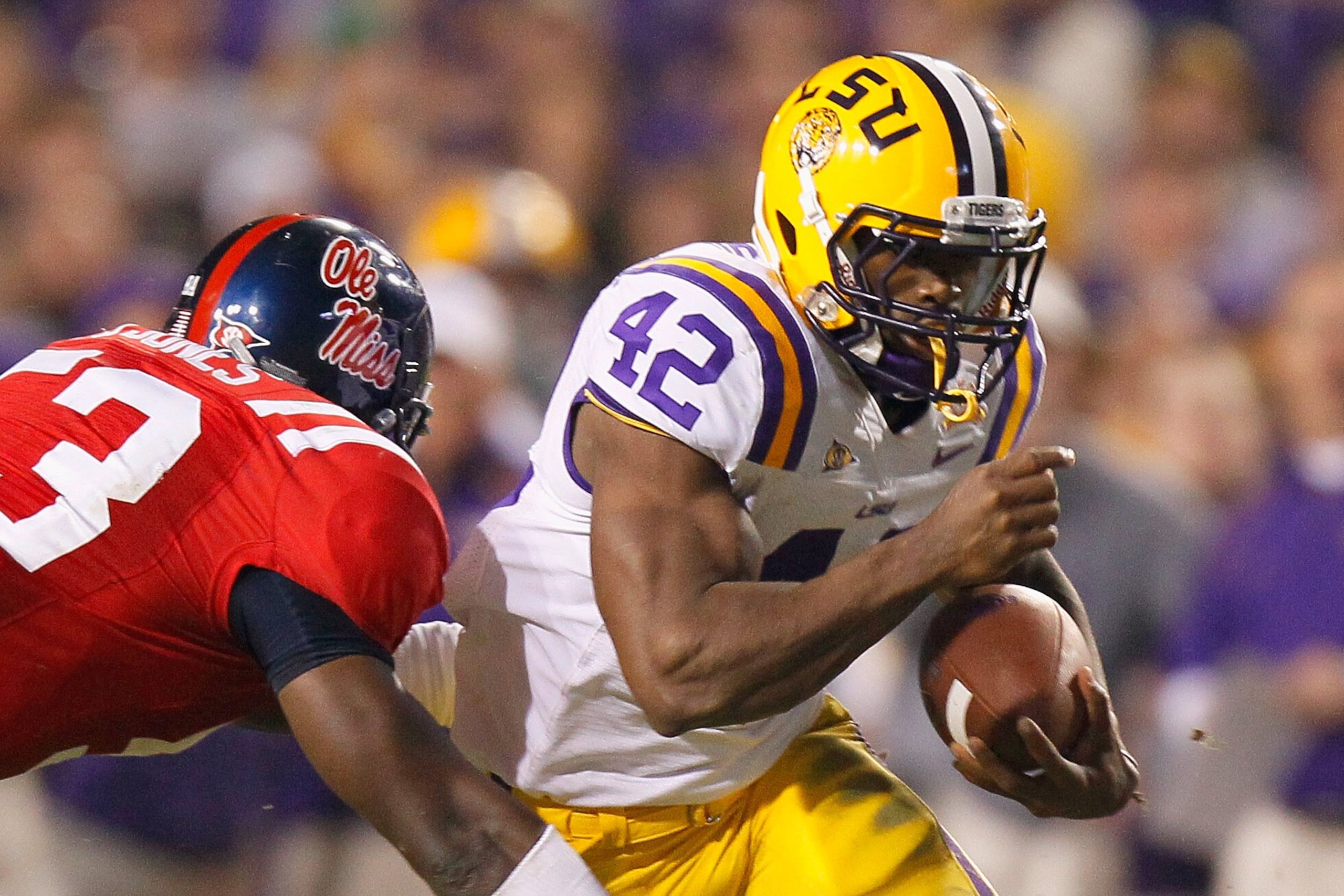 BATON ROUGE, LA - NOVEMBER 20: Michael Ford #42 of the Louisiana State University Tigers against the Ole Miss Rebels at Tiger Stadium on November 20, 2010 in Baton Rouge, Louisiana. (Photo by Kevin C. Cox/Getty Images) BATON ROUGE, LA - NOVEMBER 20: Michael Ford #42 of the Louisiana State University Tigers against the Ole Miss Rebels at Tiger Stadium on November 20, 2010 in Baton Rouge, Louisiana. (Photo by Kevin C. Cox/Getty Images)