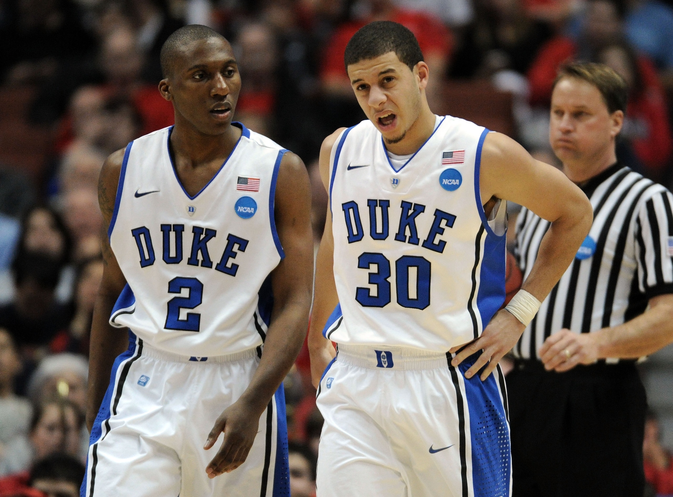 ANAHEIM, CA - MARCH 24:  Nolan Smith #2 and Seth Curry #30 of the Duke Blue Devils look on against the Arizona Wildcats during the west regional semifinal of the 2011 NCAA men's basketball tournament at the Honda Center on March 24, 2011 in Anaheim, Calif
