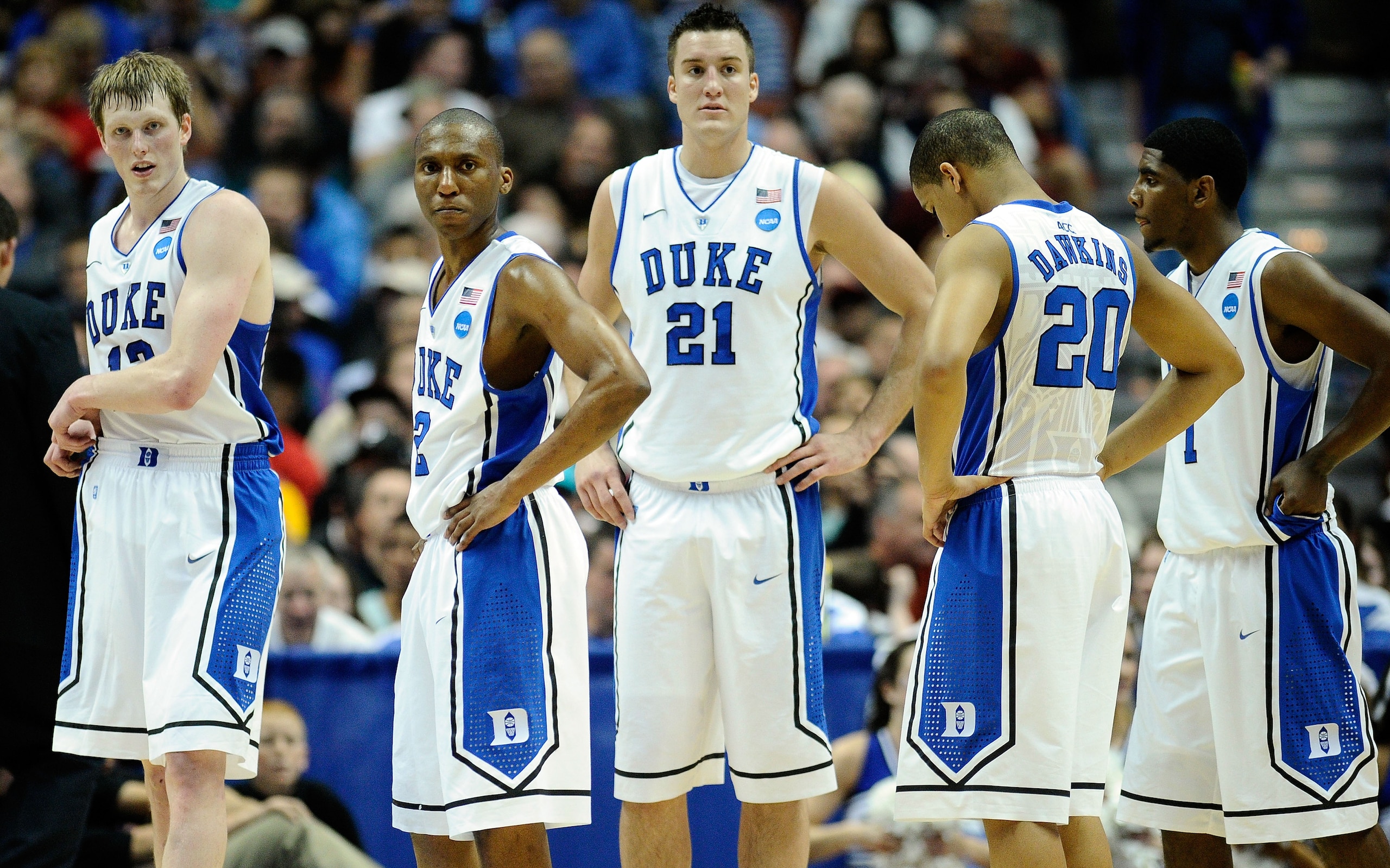 ANAHEIM, CA - MARCH 24:  Kyle Singler #12, Nolan Smith #2, Miles Plumlee #21, Andre Dawkins #20 and Kyrie Irving #1 of the Duke Blue Devils looks on against the Arizona Wildcats during the west regional semifinal of the 2011 NCAA men's basketball tourname