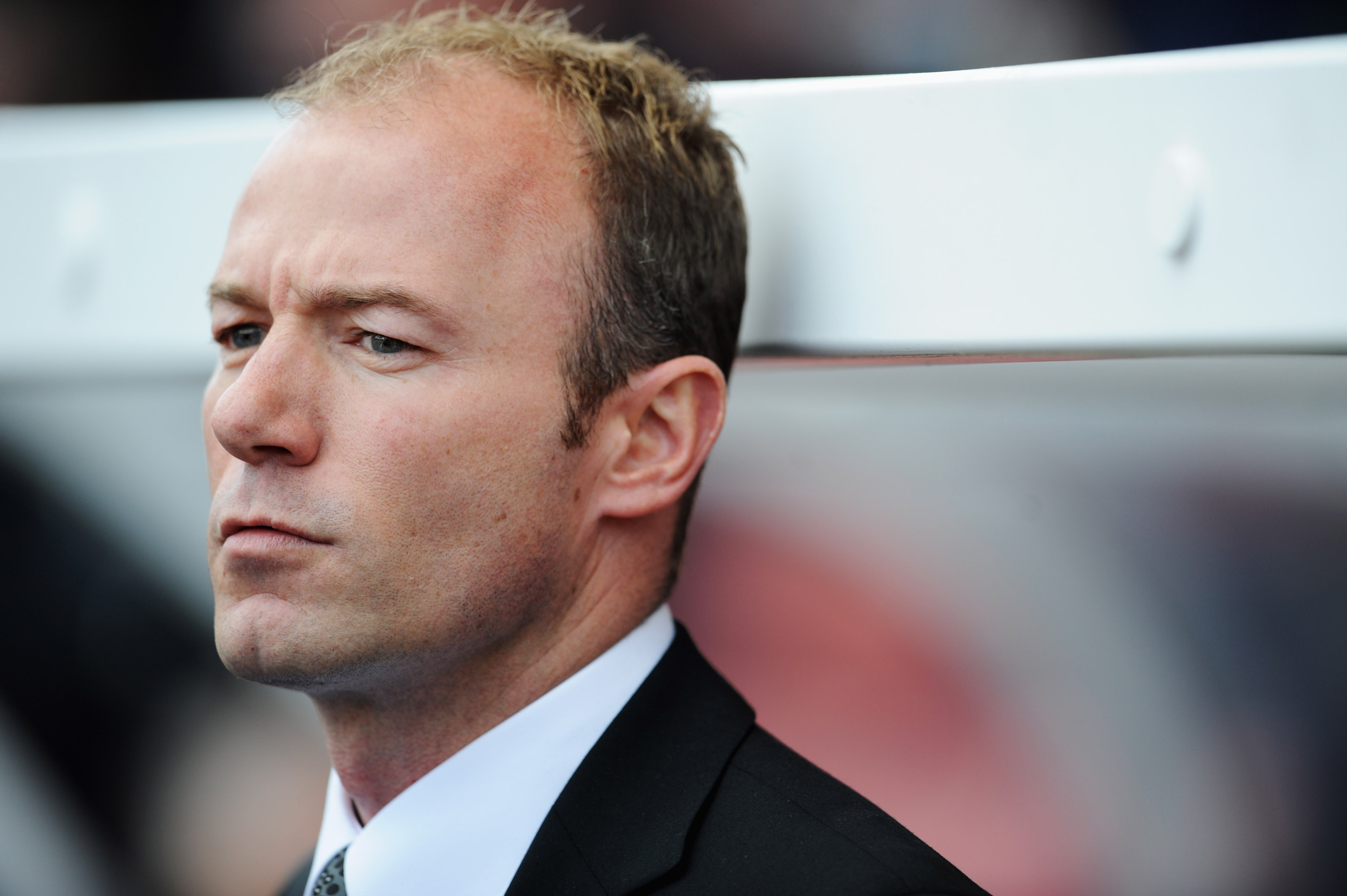 STOKE, UNITED KINGDOM - APRIL 11: Alan Shearer interim manager of Newcastle United looks thoughtful prior to the Barclays Premier League match between Stoke City and Newcastle United at the Britannia Stadium on April 11, 2009 in Stoke, England. (Photo b