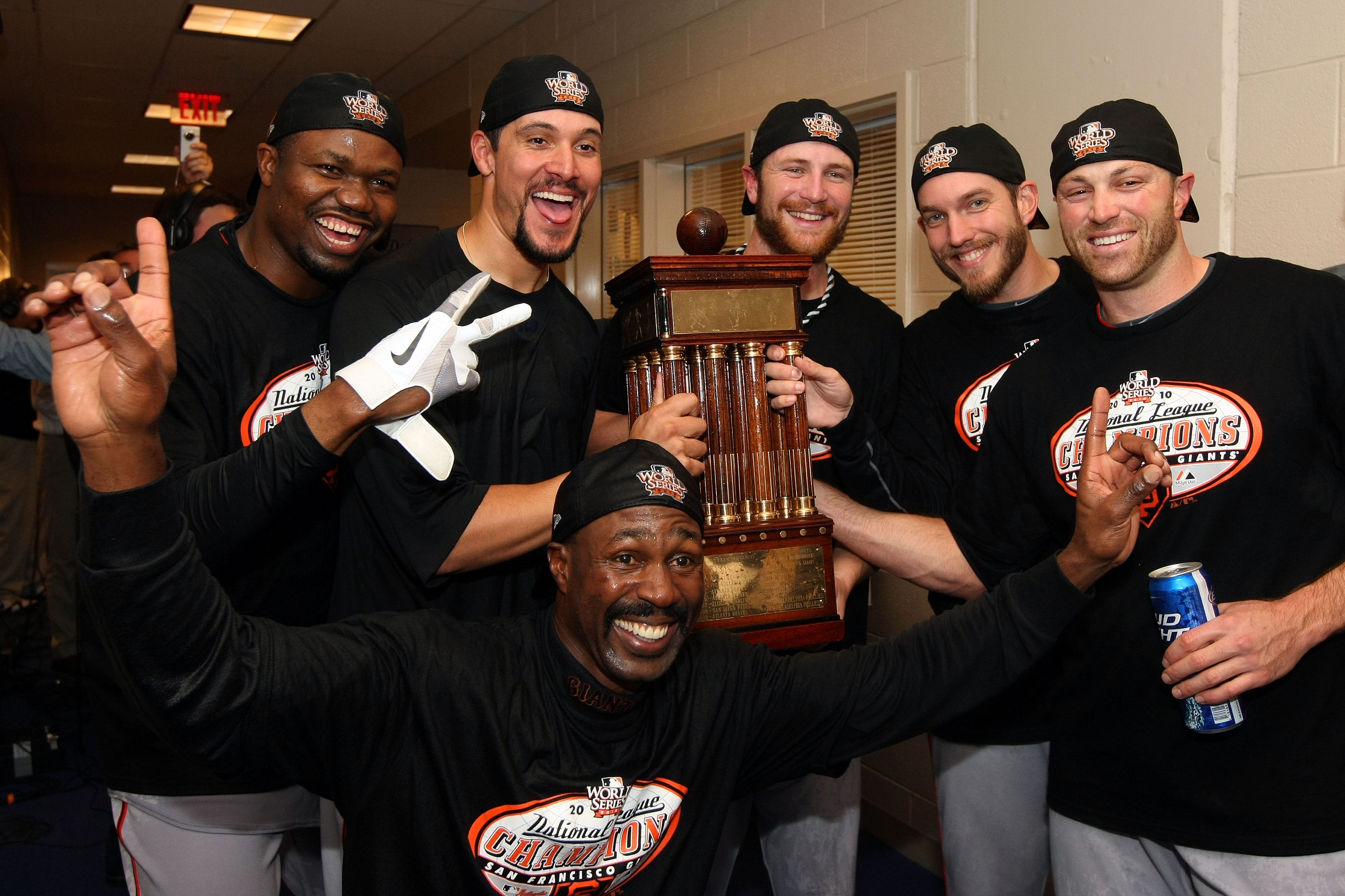 PHILADELPHIA - OCTOBER 23: The San Francisco Giants celebrate defeating the Philadelphia Phillies 3-2 and winning the pennant in Game Six of the NLCS during the 2010 MLB Playoffs at Citizens Bank Park on October 23, 2010 in Philadelphia, Pennsylvania. (