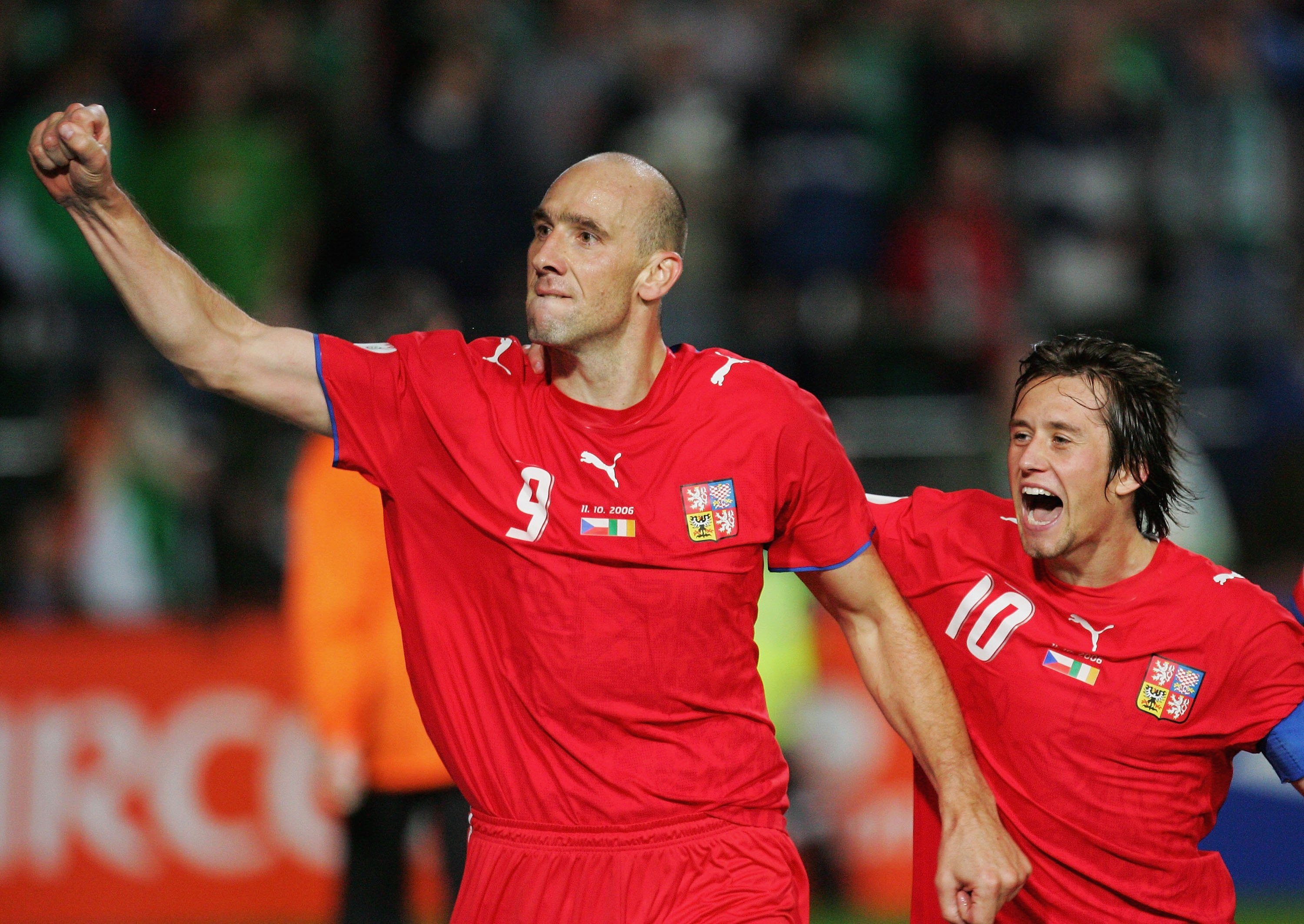 DUBLIN, IRELAND - OCTOBER 11:  Jan Koller of Czech Republic celebrates scoring the equalising goal with Tomas Rosicky during the Euro2008 Qualifier between Republic of Ireland and Czech Republic at Lansdowne Road on October 11, 2006 in Dublin, Ireland.  (