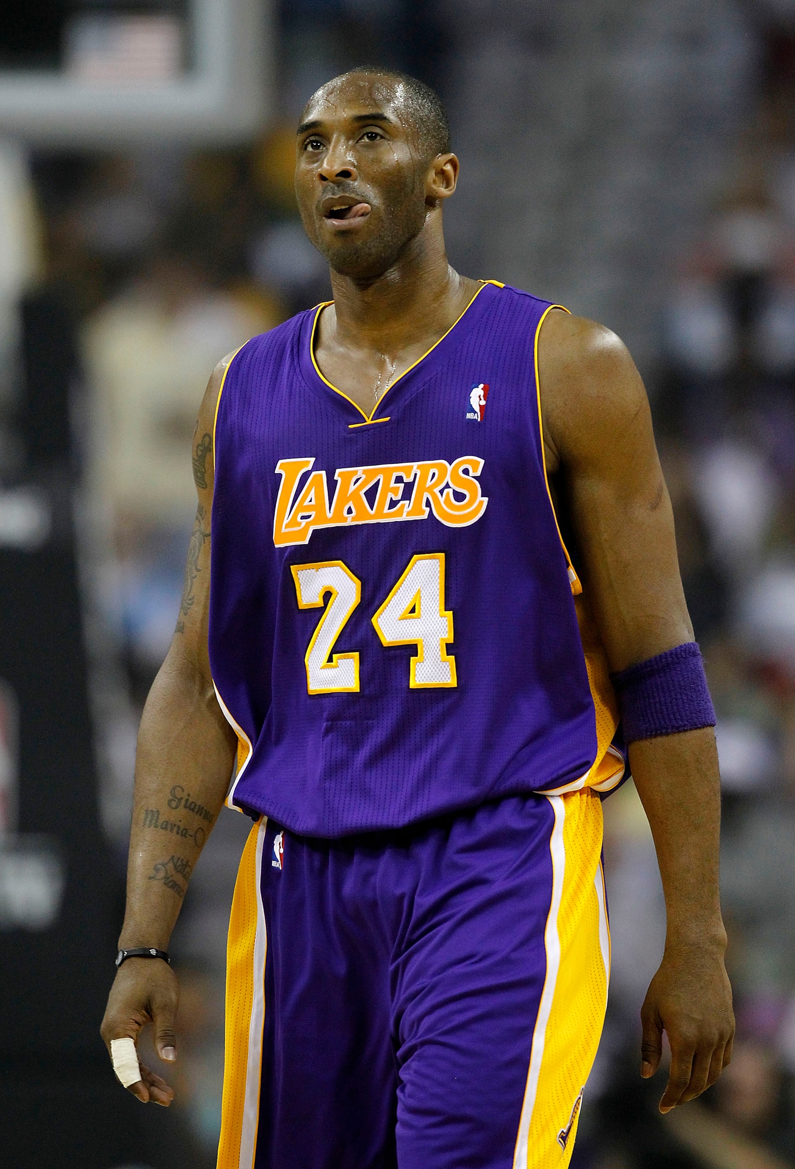 NEW ORLEANS - APRIL 24: Kobe Bryant #24 of the Los Angeles Lakers stands during a freethrow against the New Orleans Hornets in Game Four of the Western Conference Quarterfinals in the 2011 NBA Playoffs at New Orleans Arena on April 24, 2011 in New Orlean NEW ORLEANS - APRIL 24: Kobe Bryant #24 of the Los Angeles Lakers stands during a freethrow against the New Orleans Hornets in Game Four of the Western Conference Quarterfinals in the 2011 NBA Playoffs at New Orleans Arena on April 24, 2011 in New Orlean