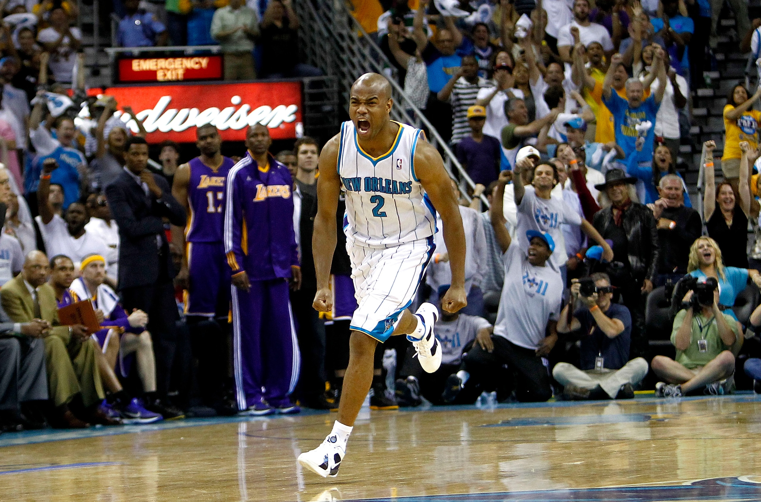 NEW ORLEANS - APRIL 24: Jarrett Jack #2 of the New Orleans Hornets reacts after scoring on the Los Angeles Lakers in Game Four of the Western Conference Quarterfinals in the 2011 NBA Playoffs at New Orleans Arena on April 24, 2011 in New Orleans, Louisia NEW ORLEANS - APRIL 24: Jarrett Jack #2 of the New Orleans Hornets reacts after scoring on the Los Angeles Lakers in Game Four of the Western Conference Quarterfinals in the 2011 NBA Playoffs at New Orleans Arena on April 24, 2011 in New Orleans, Louisia