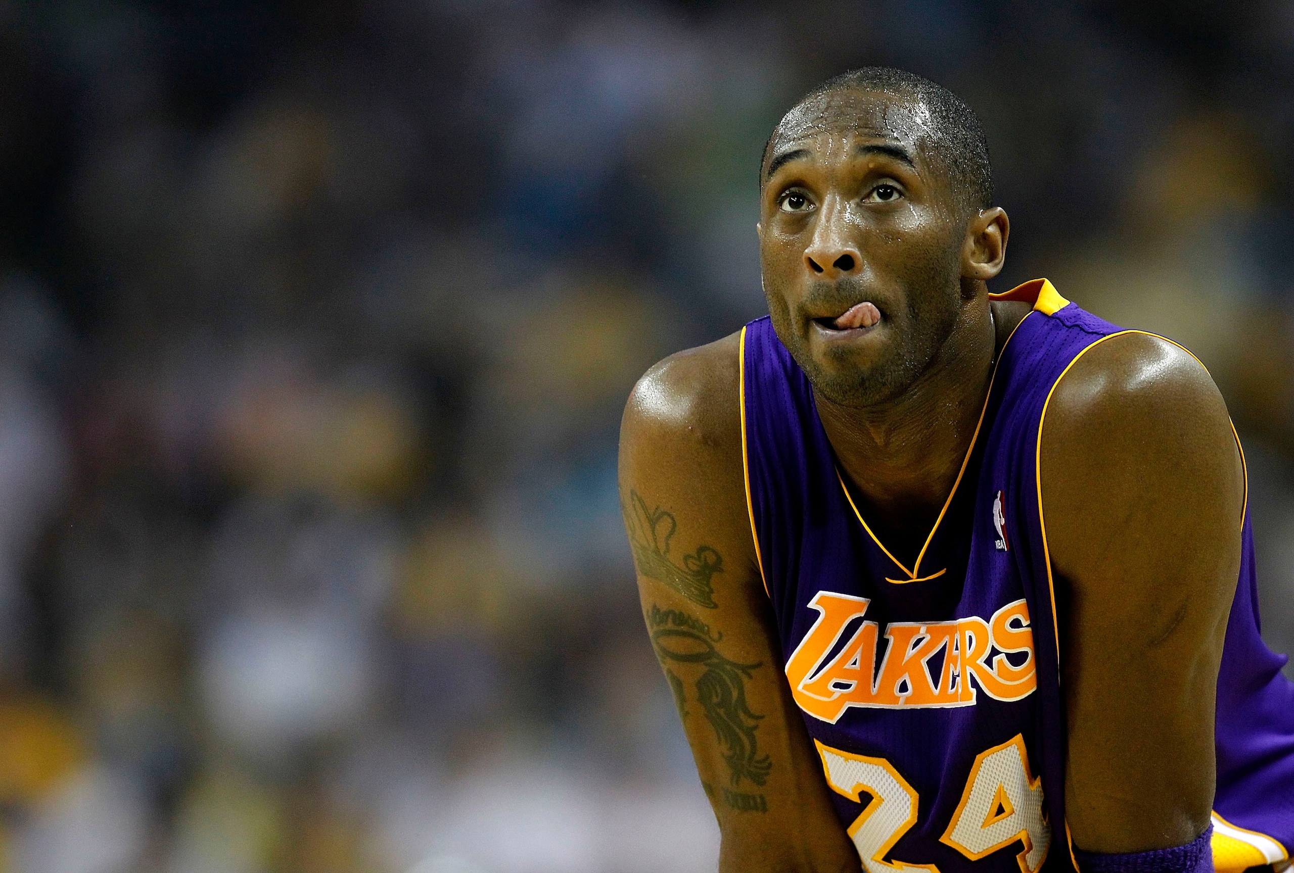 NEW ORLEANS - APRIL 24: Kobe Bryant #24 of the Los Angeles Lakers stands during a freethrow against the New Orleans Hornets in Game Four of the Western Conference Quarterfinals in the 2011 NBA Playoffs at New Orleans Arena on April 24, 2011 in New Orlean NEW ORLEANS - APRIL 24: Kobe Bryant #24 of the Los Angeles Lakers stands during a freethrow against the New Orleans Hornets in Game Four of the Western Conference Quarterfinals in the 2011 NBA Playoffs at New Orleans Arena on April 24, 2011 in New Orlean